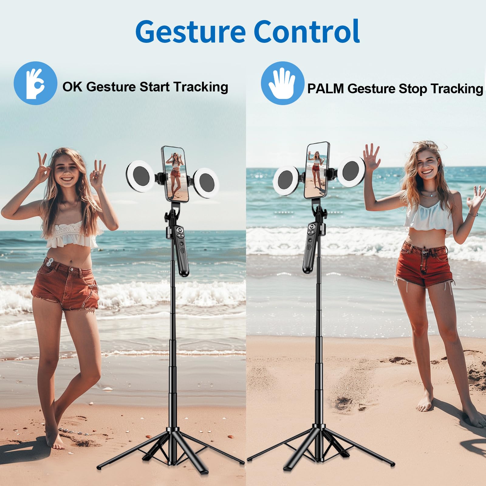 Coasd Extendable Auto Face Tracking Tripod 360° Rotation With Light, No App, 70.8" Motion Sensor Phone Tripod Stand, Phone Gopro Mount Gesture Control For Vlog/Live Stream/Video Recording