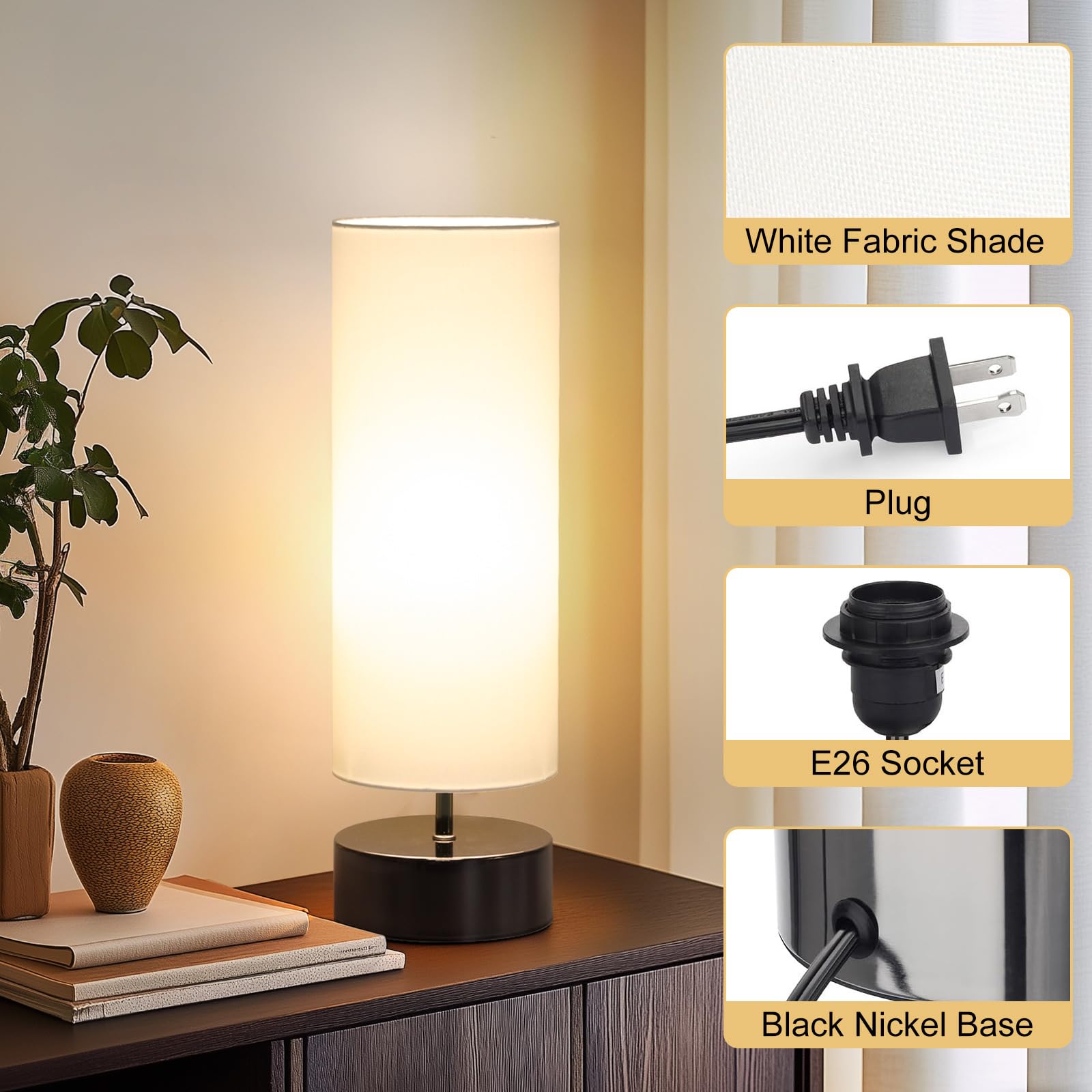 Seaside Village Touch Table Lamp, 3-Way Dimmable Modern Minimalist Accent Bedside Lamp With Cylinder Fabric Shade, Night Light Nightstand Desk Lamp For Bedroom Living Room Kitchen, 9W Led Bulb Included