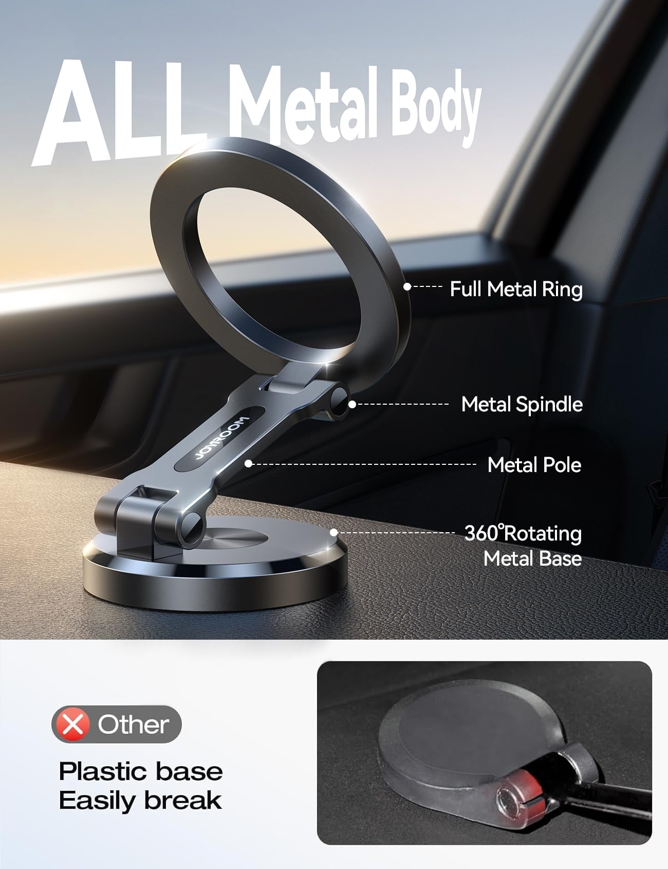 Joyroom Fits Iphone 16/16 Pro Max Magsafe Car Mount, [All Metal & 360° Adjustment] Magnetic Phone Holder For Car With N55 Strong Magnets, Car Mount For Iphone 16 15 14 13 12 & Magsafe Case, Space Gray