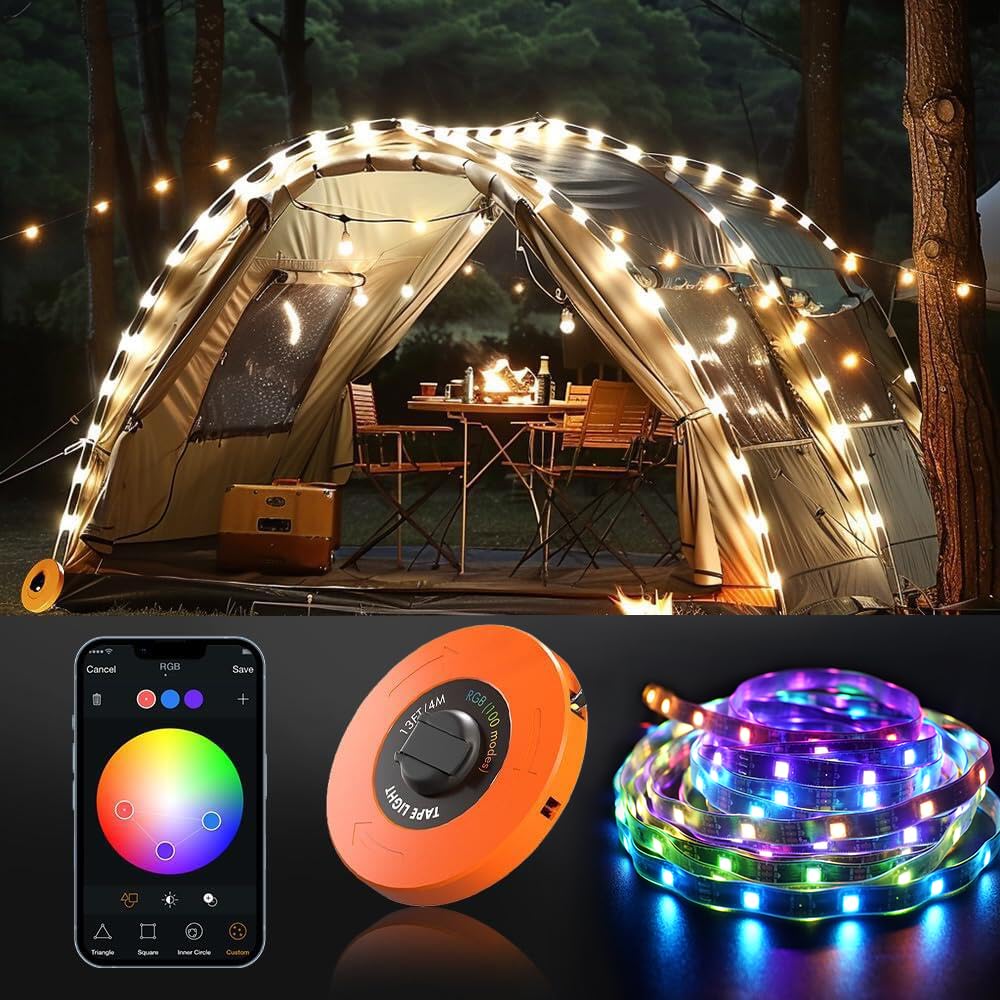 Felicia Camping Lights String,Tape Tent Lights Rgb With 100 Modes Music Sync Color Changing App Control Waterproof 13/26 Ft ,Led Camping Lantern Retractable For Emergency Yard Camping Decoration (26 Ft)