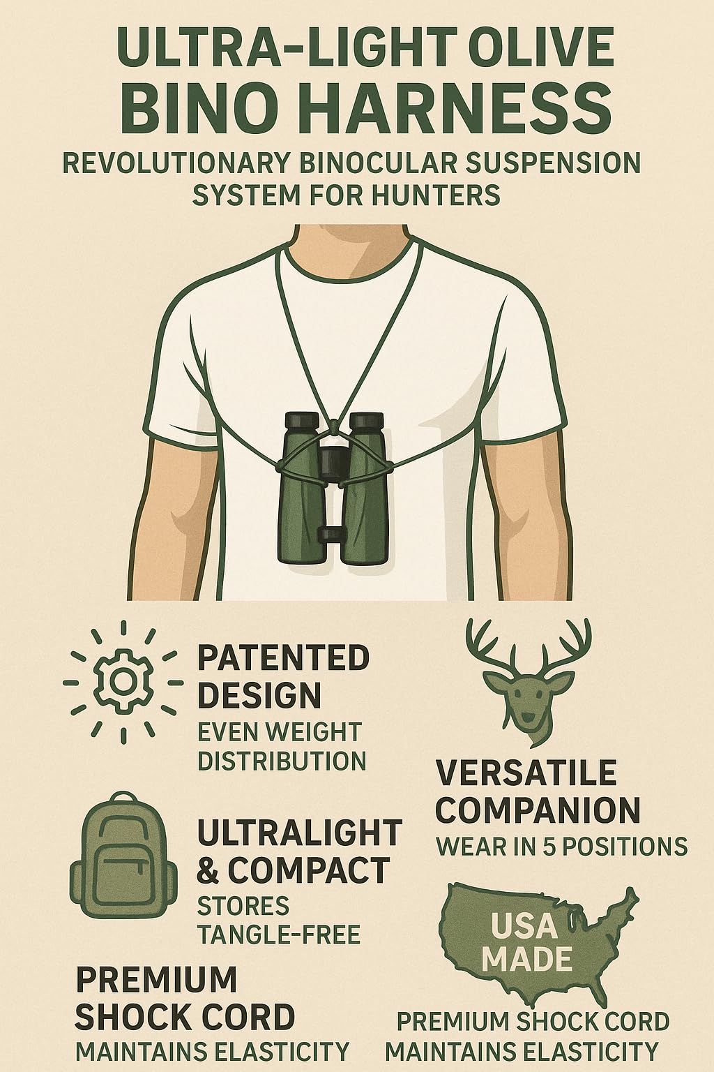 Rick Young Outdoors Premium Binocular Harness - Adjustable Chest Strap For Hunting, Birding & Hiking - Comfortable Waterproof Quick-Release System (Brown)