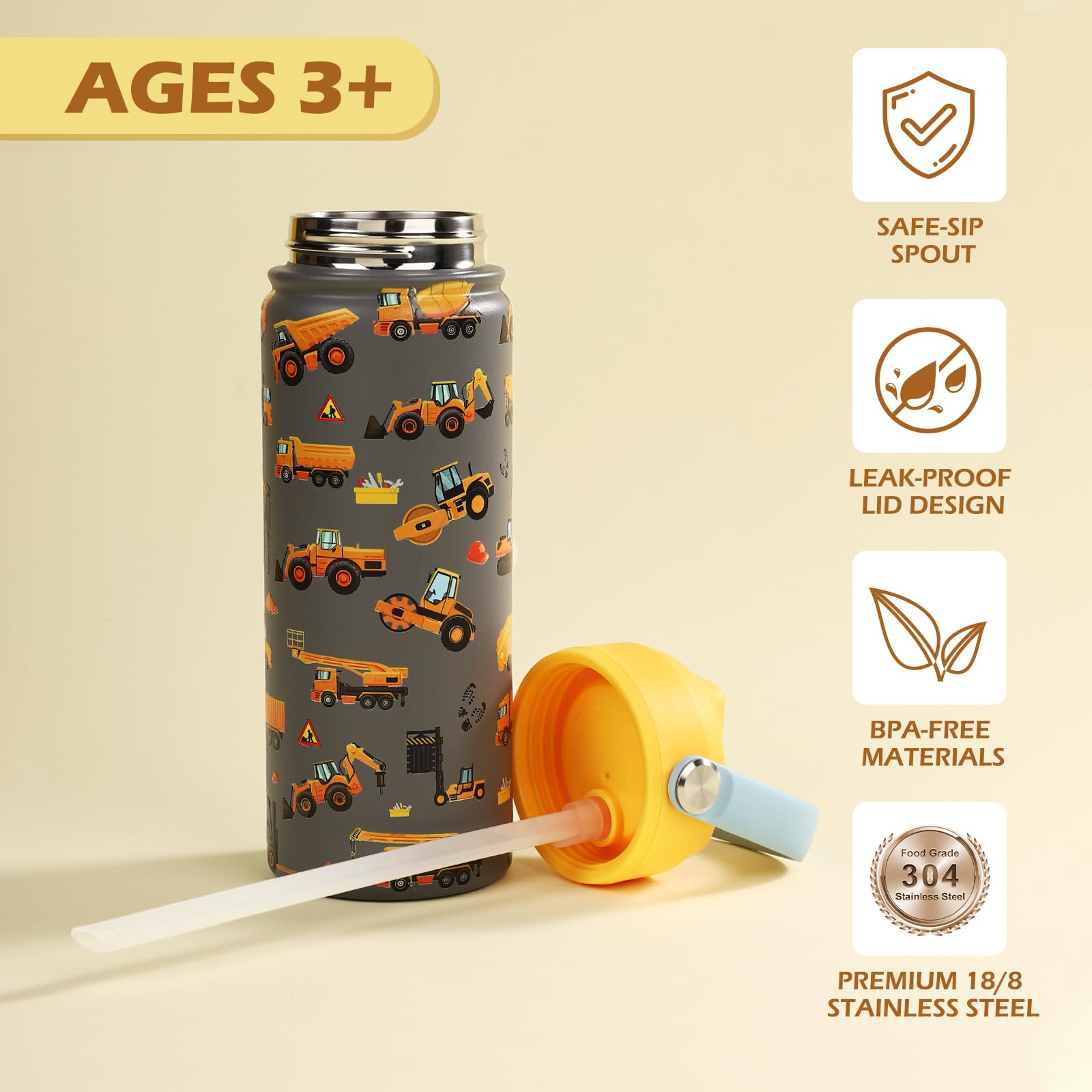 Kids Insulated Water Bottle With Straw 18Oz - 18/8 Stainless Steel Toddler Water Bottle For School