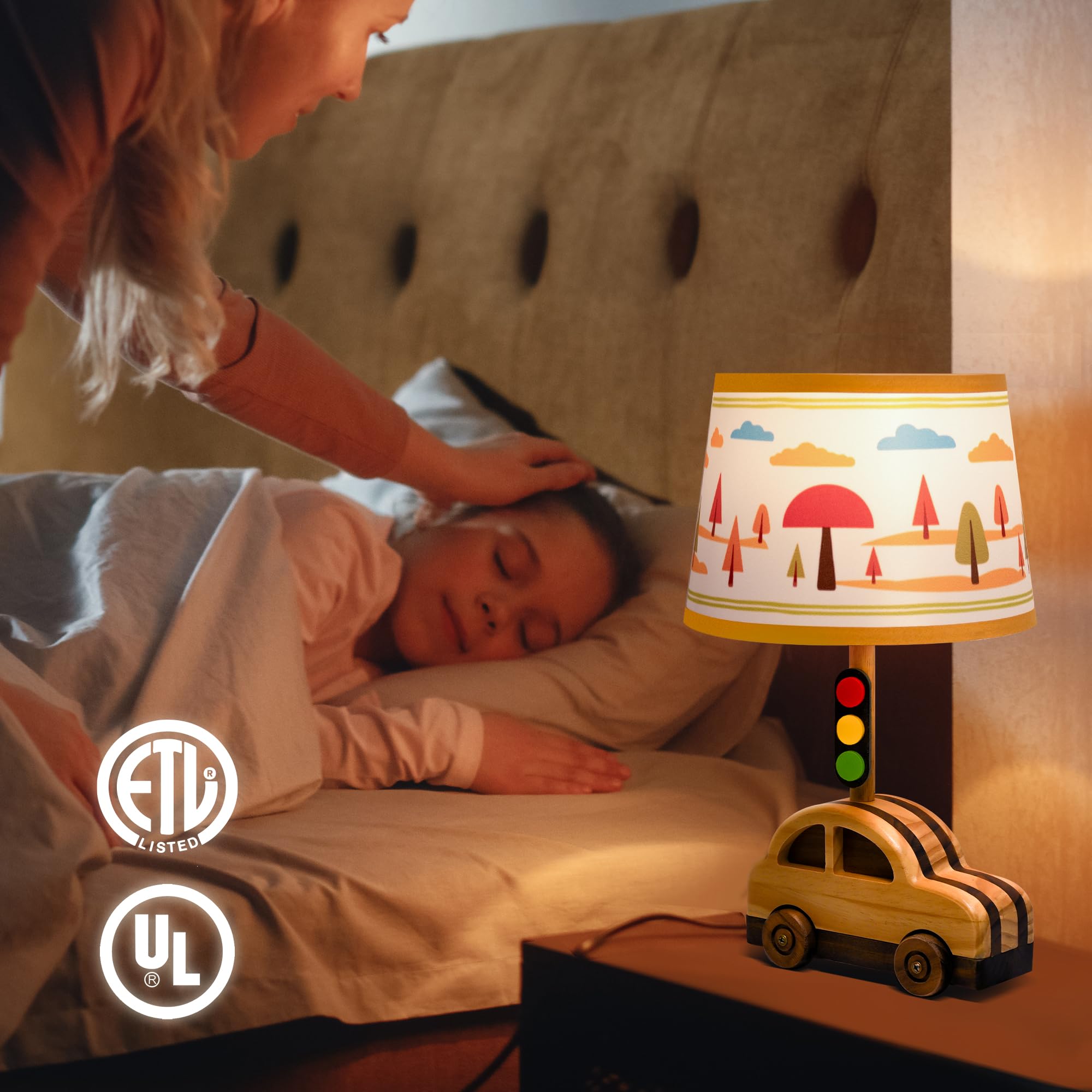 Crossmoon Kids' Dimmable Table Lamp, Ul/Etl Child Safe Natural Wood Car Stoplight Creative Design, 15 Inch Tall Handmade Small Nursery Lamp, For Toddler Boys Girls (Car)