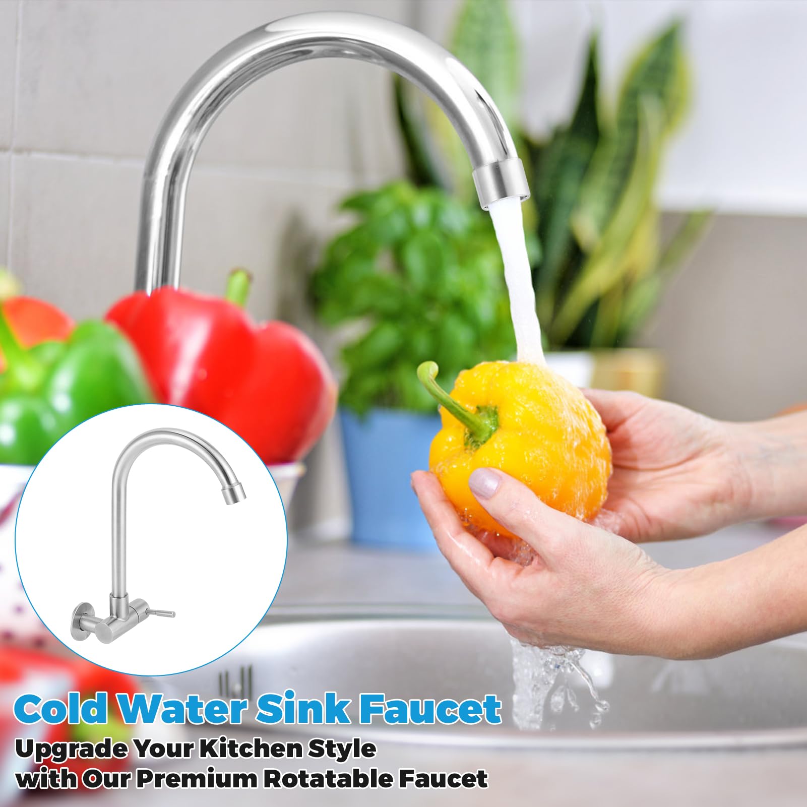 Pilipane Kitchen Faucet, Wall-Mounted 360 Rotatable, Stainless Steel, Brushed Chrome, Silver