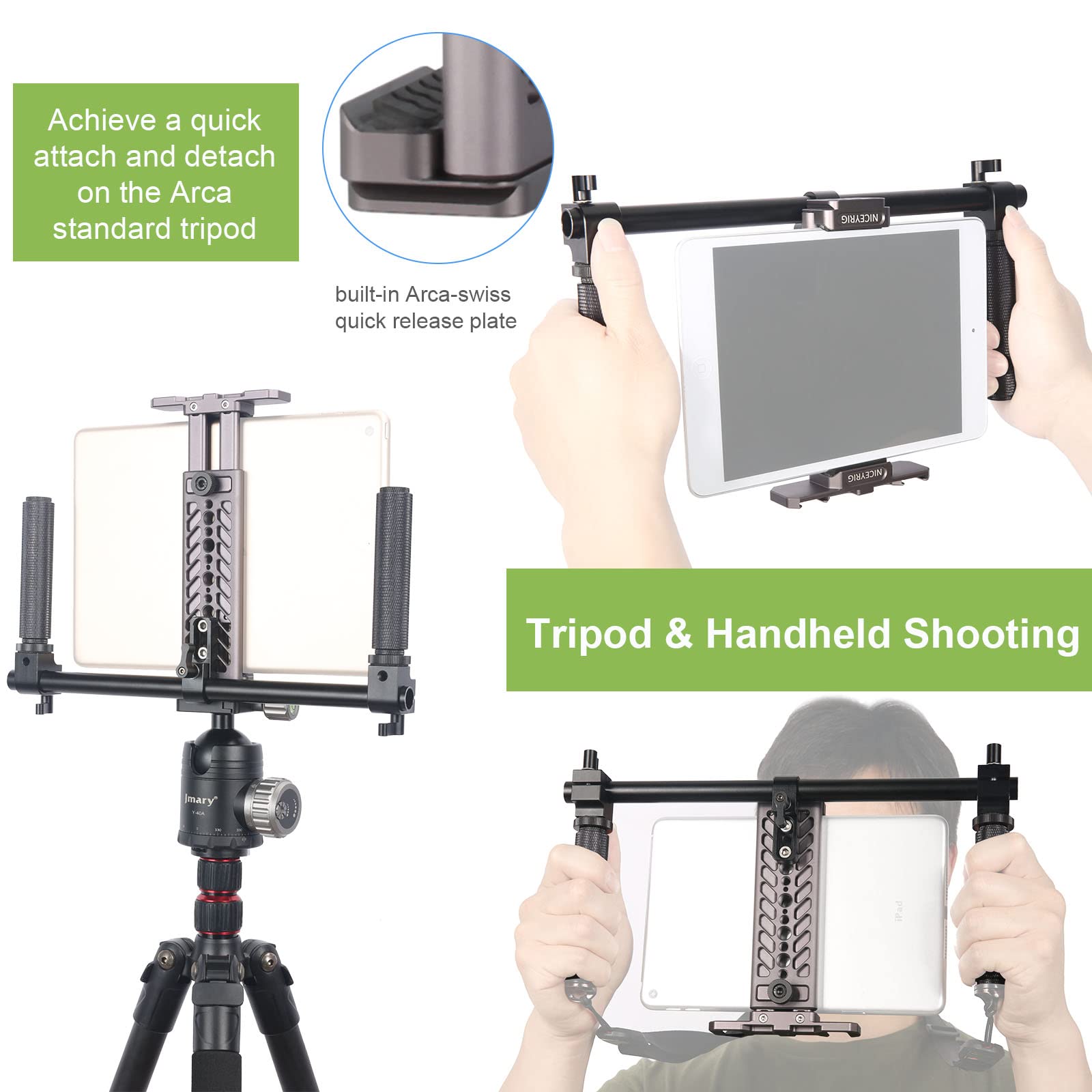 Niceyrig Tablet Tripod Mount Handheld Video Holder Kit For Ipad Mini 7.9/ Air 10.5 10.9/ Pro 11 12.9, Galaxy Tab S8/S7/S6 With 15Mm Rod Handle Set, 12’’ 15Mm Rod And Rail Block [Aluminum Alloy] - 511