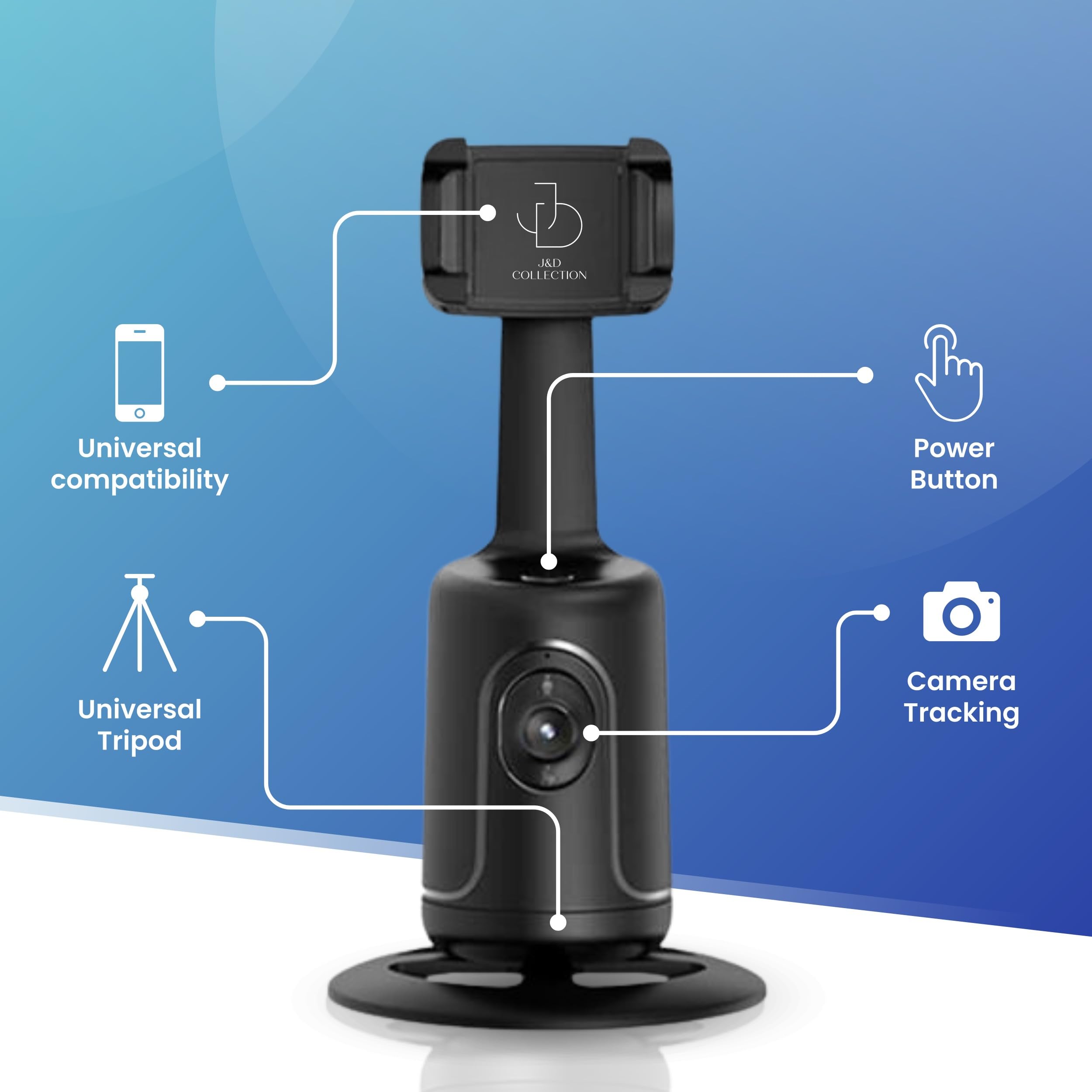 J&D Collection J&D Collection- Intelligent Phone Tripod With Automatic Face Tracking - 360° Rotation, Face & Body Ai Tracking, Universal Compatibility For Ios & Android, Usb Port, Sleek Black Design (Black)
