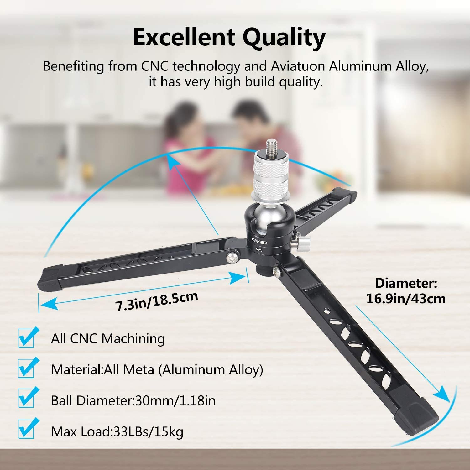 Cayer Tabletop Mini Tripod, Sv5 Alumunium Portable Desktop Tripod Stand With 3/8"-16 Mounting Screw For Monopods, Dslr Camera, Video Camcorder, Mobile Phone And Action Cameras