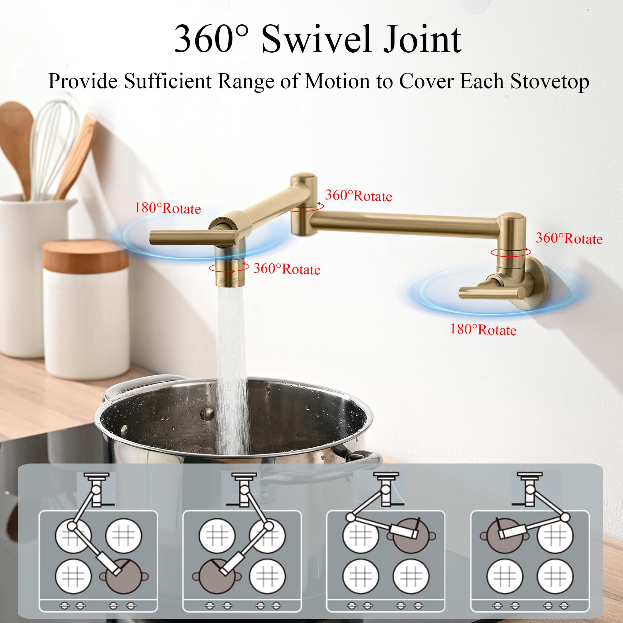Diamondforge Pot Filler Faucets - For Kitchen, Sink, Stove And Bar With Brass Wall Mount Double Joint Swing Arms - Leak  Designs With High-Flow Aerators - Retractable And Folding Save Space - Brushed Gold