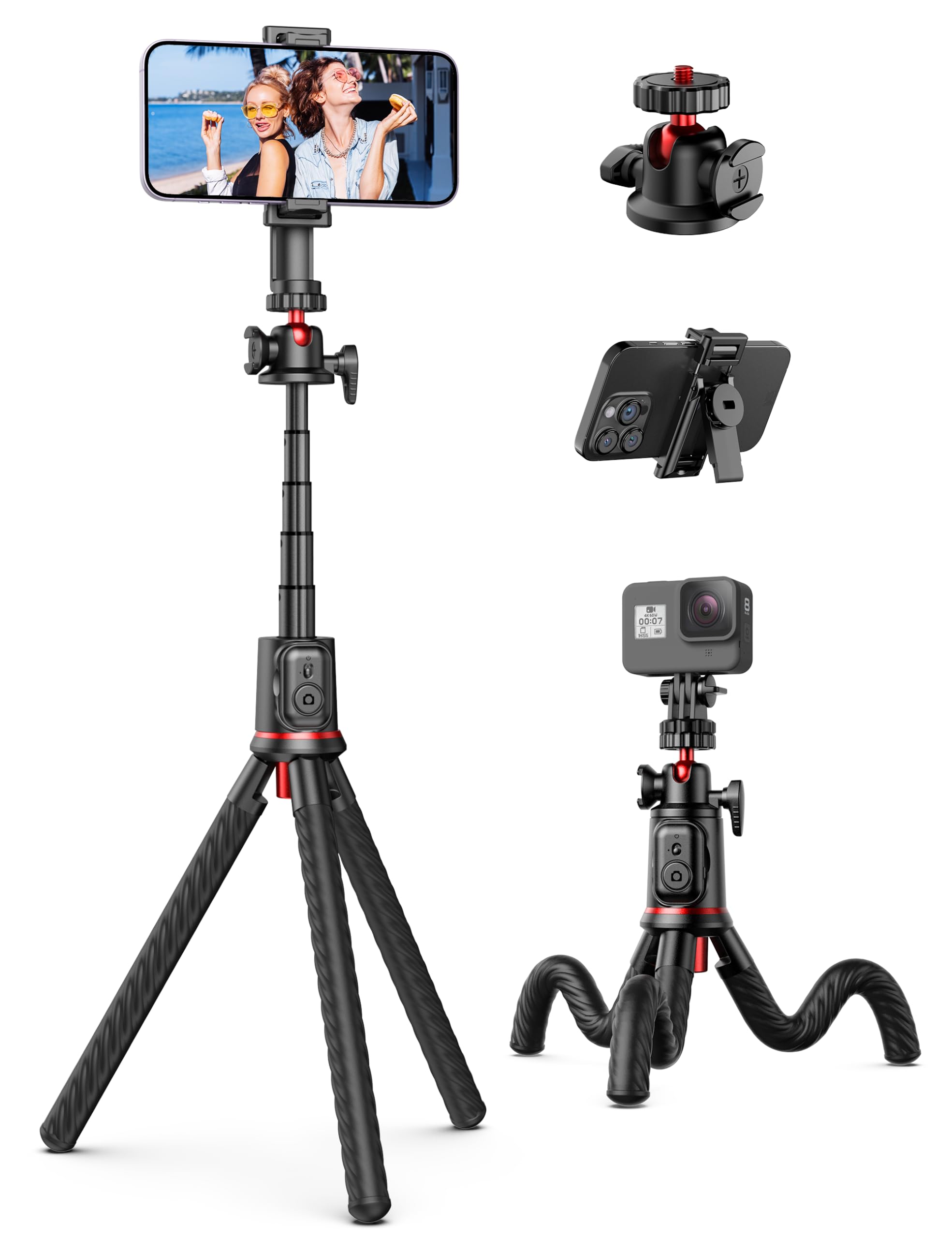 Selfieshow Tripod For Iphone, Extendable Flexible Camera Tripod With Wireless Remote, 360 Ball Head Portable Travel Selfie Stick Cell Phone Stand For Live Streaming Vlogging, Compatible With Cellphone, Camera