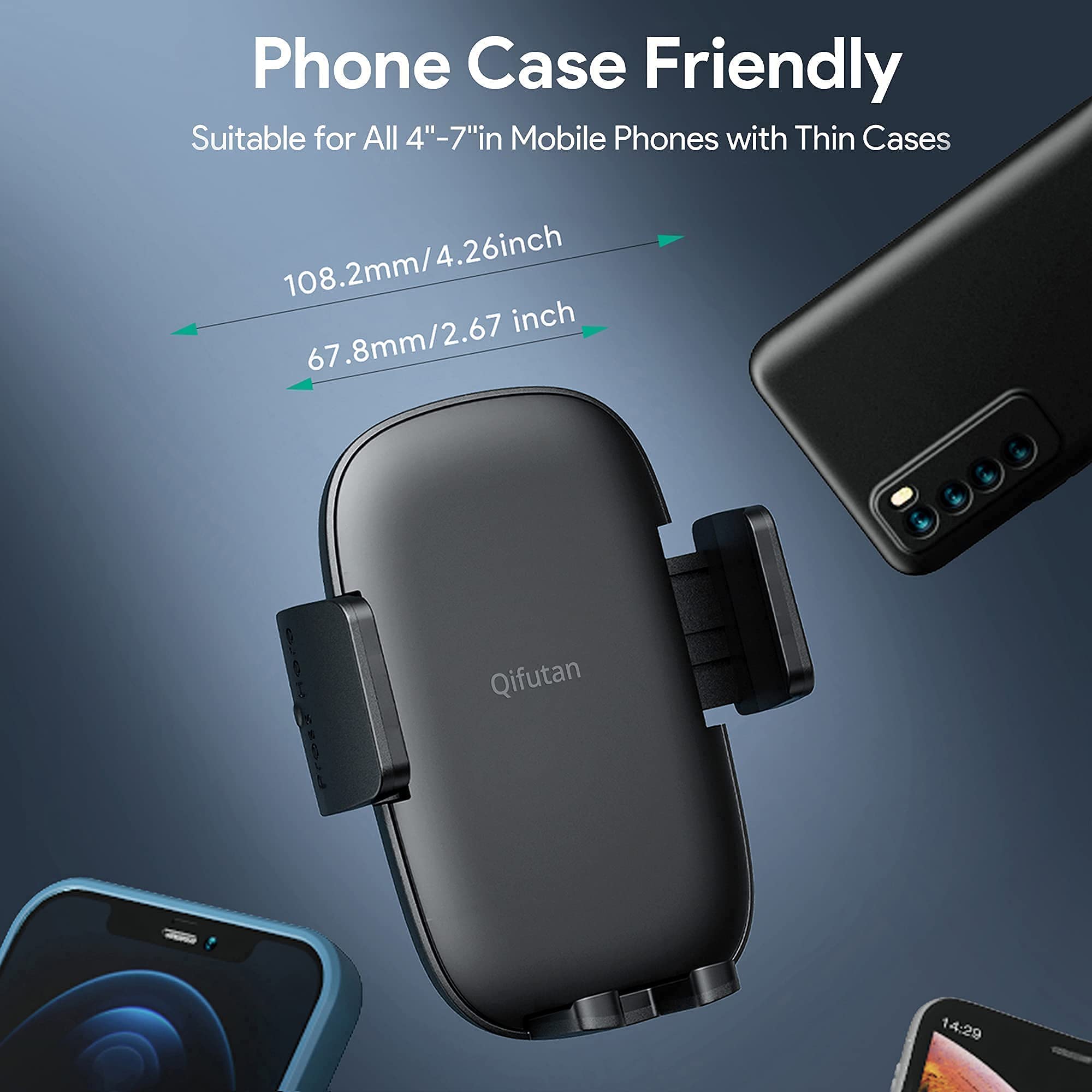 Qifutan Cell Phone Holder For Car Phone Mount Long Arm Dashboard Windshield Car Phone Holder Anti-Shake Stabilizer Phone Car Holder Compatible With All Phone Android Smartphone, Black