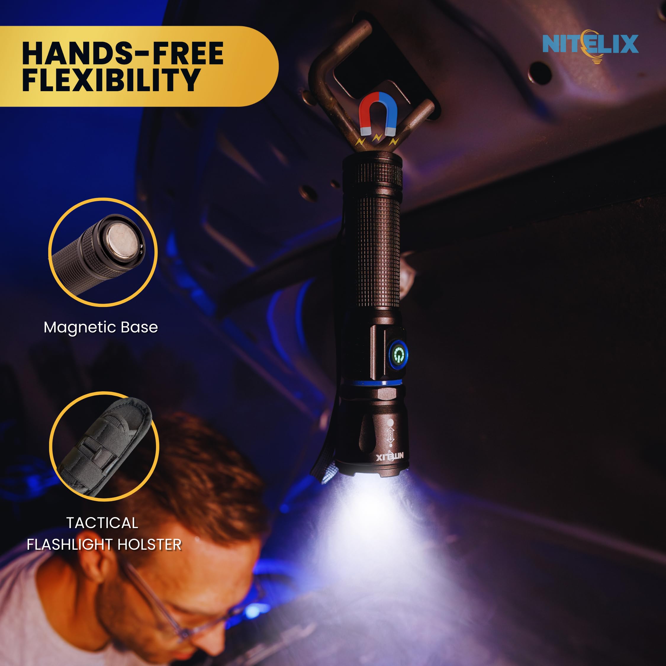 Nitelix Small Rechargeable Bright Flashlight With Holster - High Lumens Led Flashlights For Home, Walking At Night & Emergencies - Powerful, Brightest Flash Lights, High Powered Linterna Recargable
