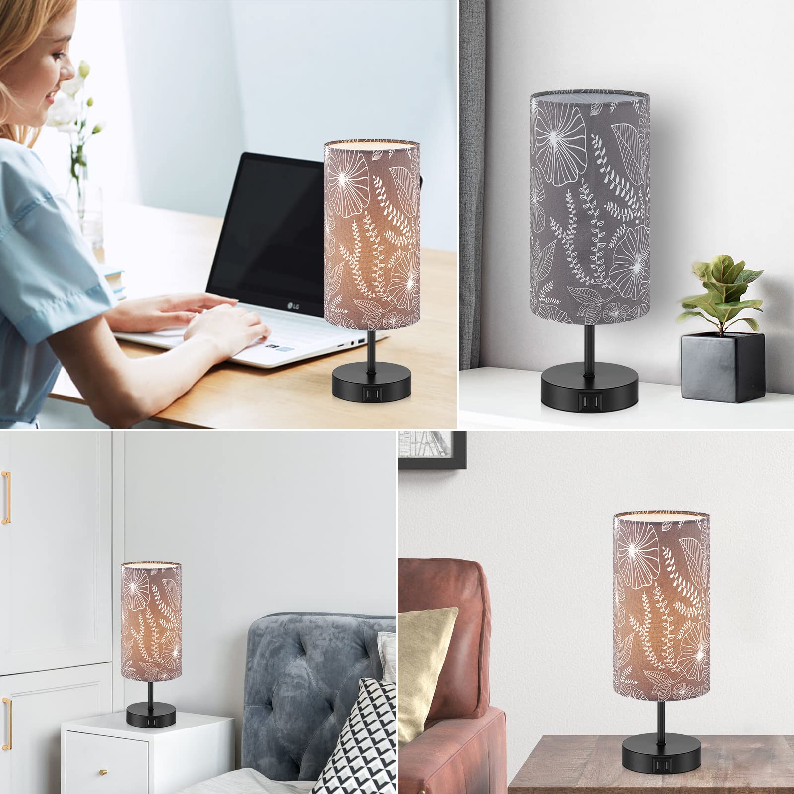 Lolikit Bedside Table Lamp With 2 Usb Ports, Modern Touch Control Desk Lamp With Round Flower Flaxen Fabric Shade, 3 Way Dimmable Small Nightstand Lamp For Bedrooms Living Room Dorm Gray Decor(Bulb Included)