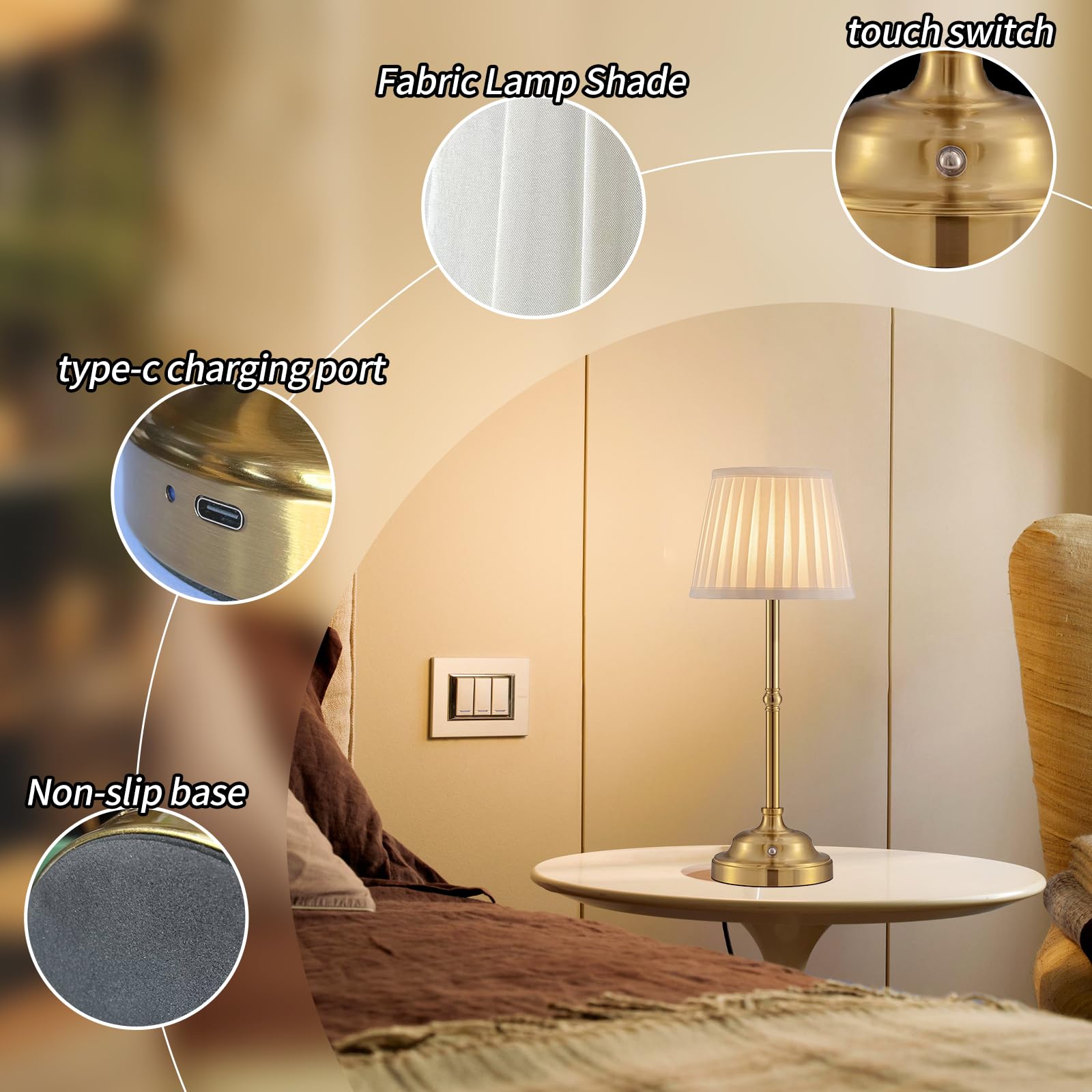 Mr. White Cordless Wireless Rechargeable Touch Battery Operated Led Dimmable Powered Table Lamp For Bedroom Bedside Dining Dinner Restaurant Kitchen (Bronze)