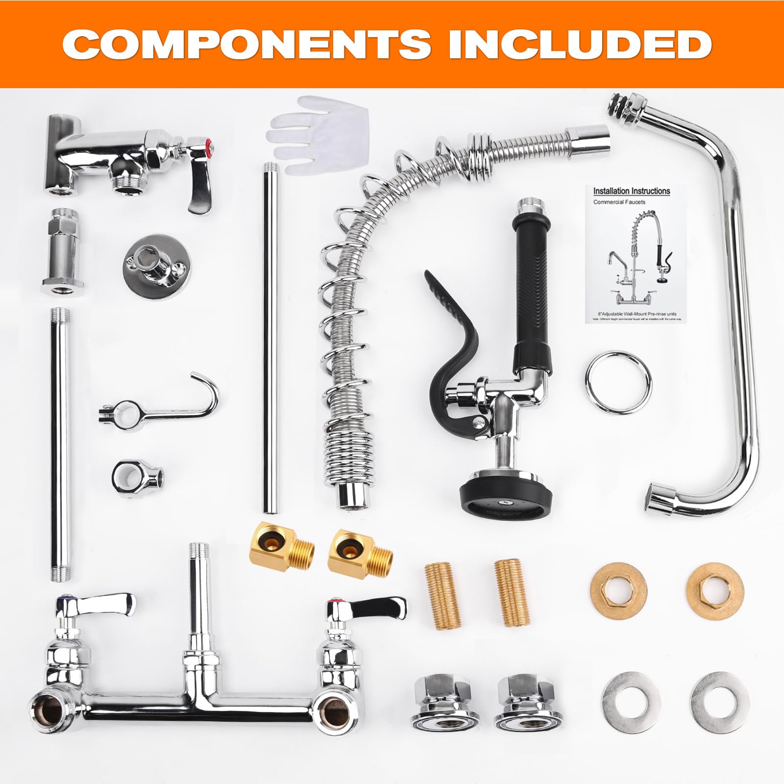 Bzimak 25" Height Commercial Faucet With Sprayer, 8" Adjustable Center & 12" Add-On Swing Spout, Wall Mount Pre-Rinse Faucet Installation Kit For Restaurant Kitchen