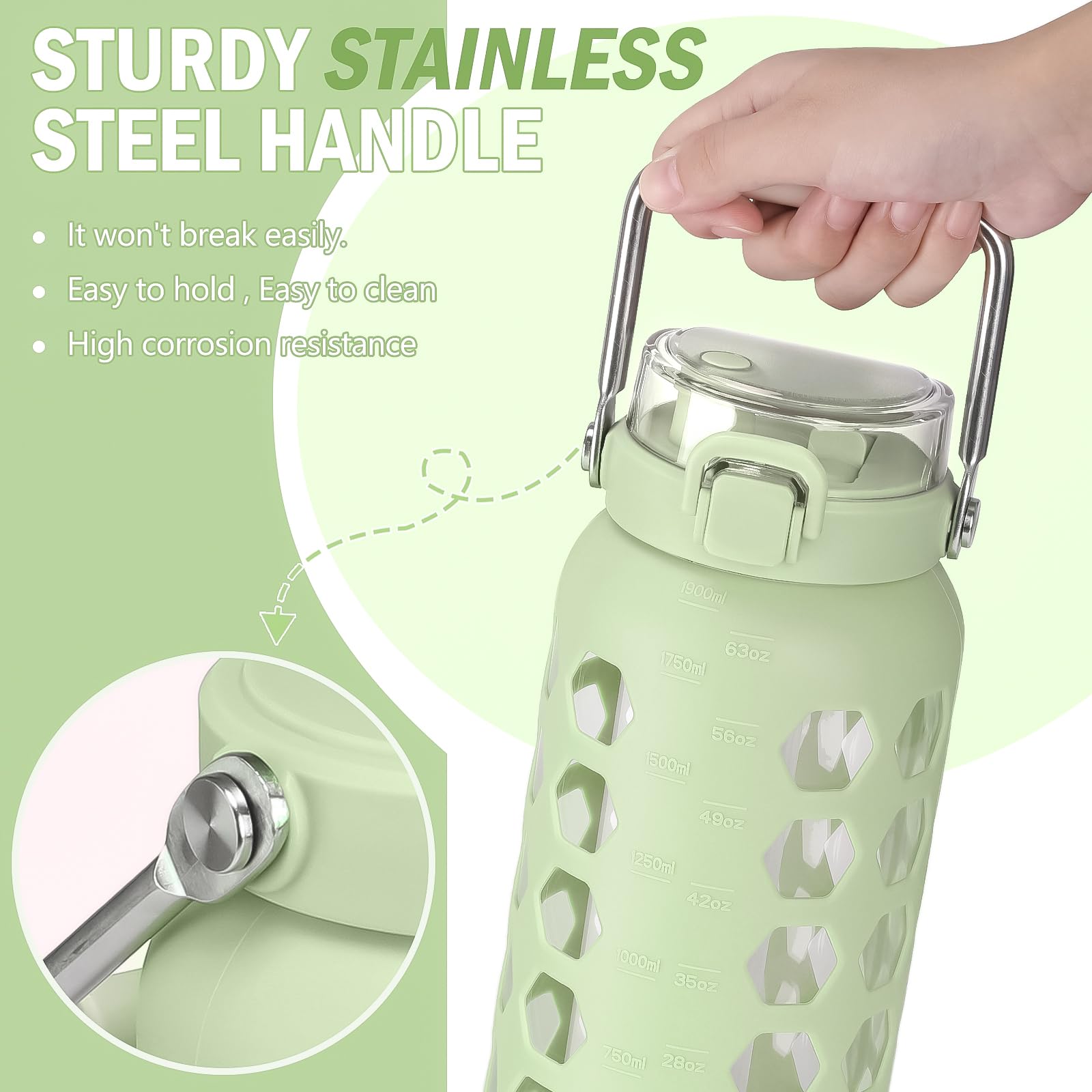 Mukoko 64Oz Glass Water Bottles With Straw And Lid,Half Gallon Water Bottle With Time Marker