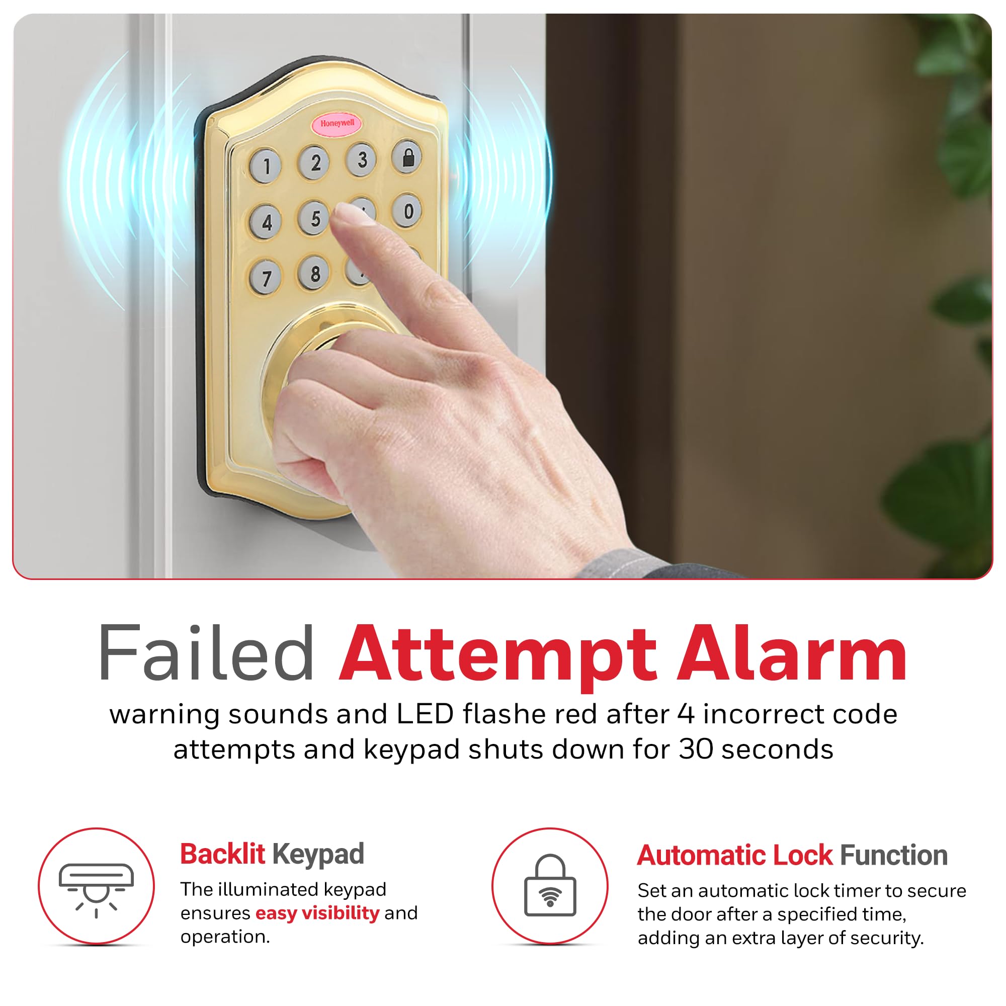 Honeywell Safes & Door Locks - Keyless Entry Door Lock With Smart Electronic Keypad Deadbolt - Easy Installation & 50 Different User Pin Codes - Auto Lock - Polished Brass - 2.9 X 2 X 6.2 In - 8712009
