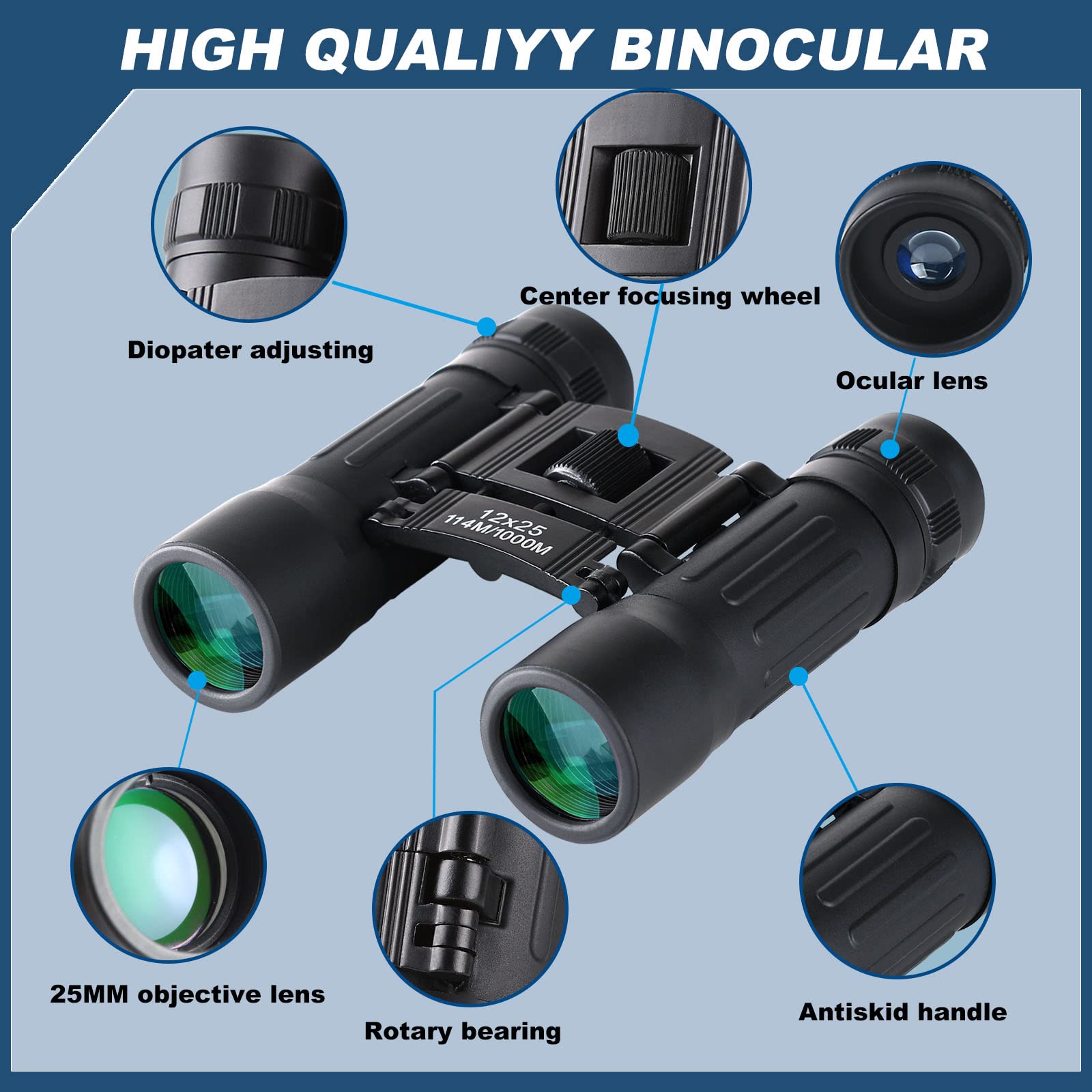 Anourney 12X25 Compact Binoculars, High Powered Easy Focus Binoculars, Portable Large Eyepiece Binocular For Adults Kids Bird Watching,Opera Concert, Travel, Hiking, Outdoor Scenery, Football Game