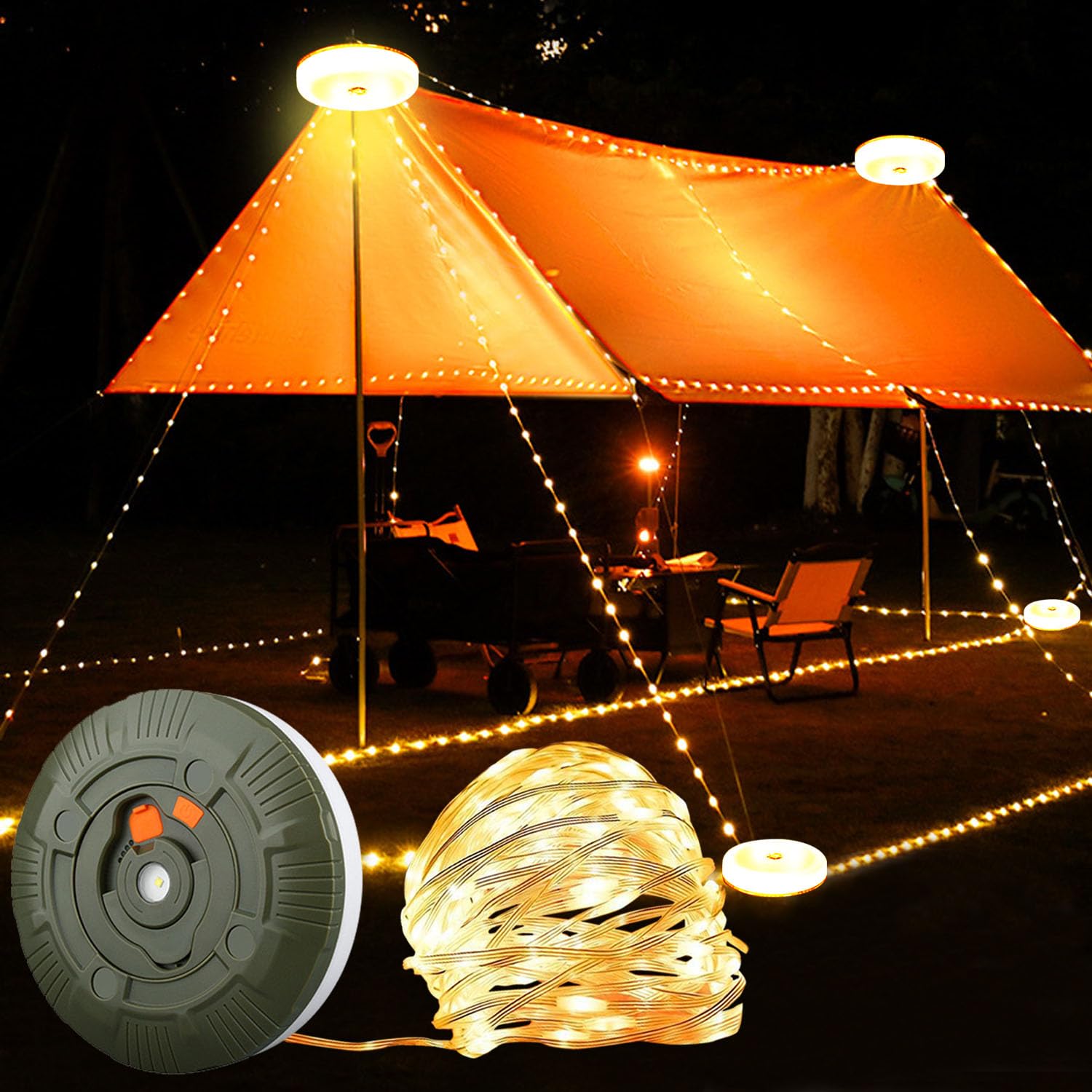 Leehuinii Retractable Camping String Lights Reel, 65.6Ft 200 Led Portable Stowable 3000Mah Rechargeable Strip Light, Waterproof Tent Lantern For Outdoor Hiking Awning Garden Party Festival Decor (Warm White)
