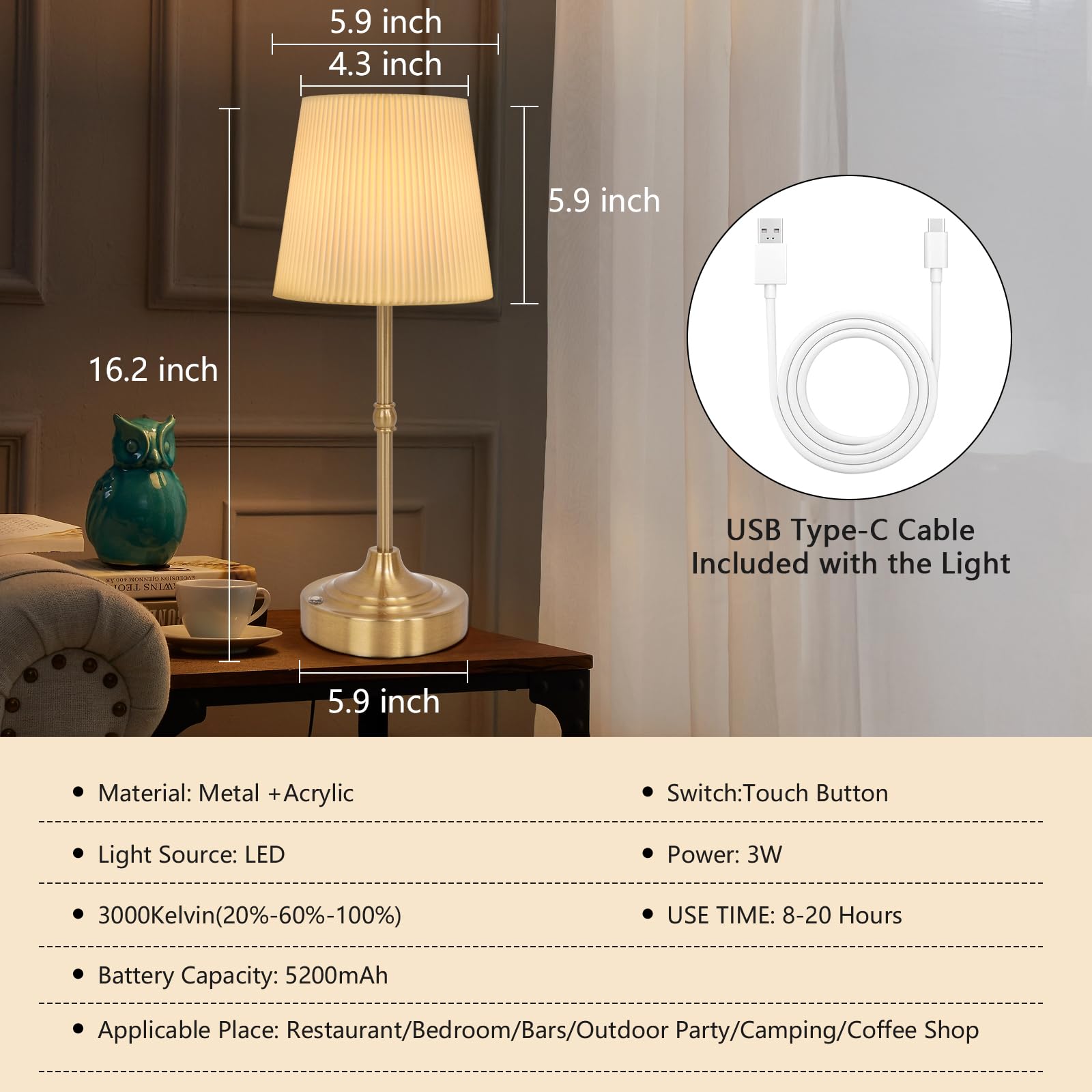 Baishezhuan Cordless Led Table Lamp With Dimmer, Built-In Rechargeable Battery, 3-Level Brightness, Patio Table Lamp, Bedside Night Lamp, Ambient Light For Restaurant, Antique (Gold)