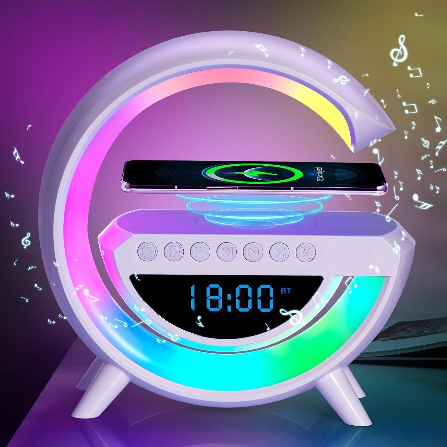 Ceimuik Smart Led Table Lamp With Wireless Charger Atmosphere Lamp, Bedside Lamp With Clock, Color Changing Sound Machine For Home Decor, Bedroom, Office