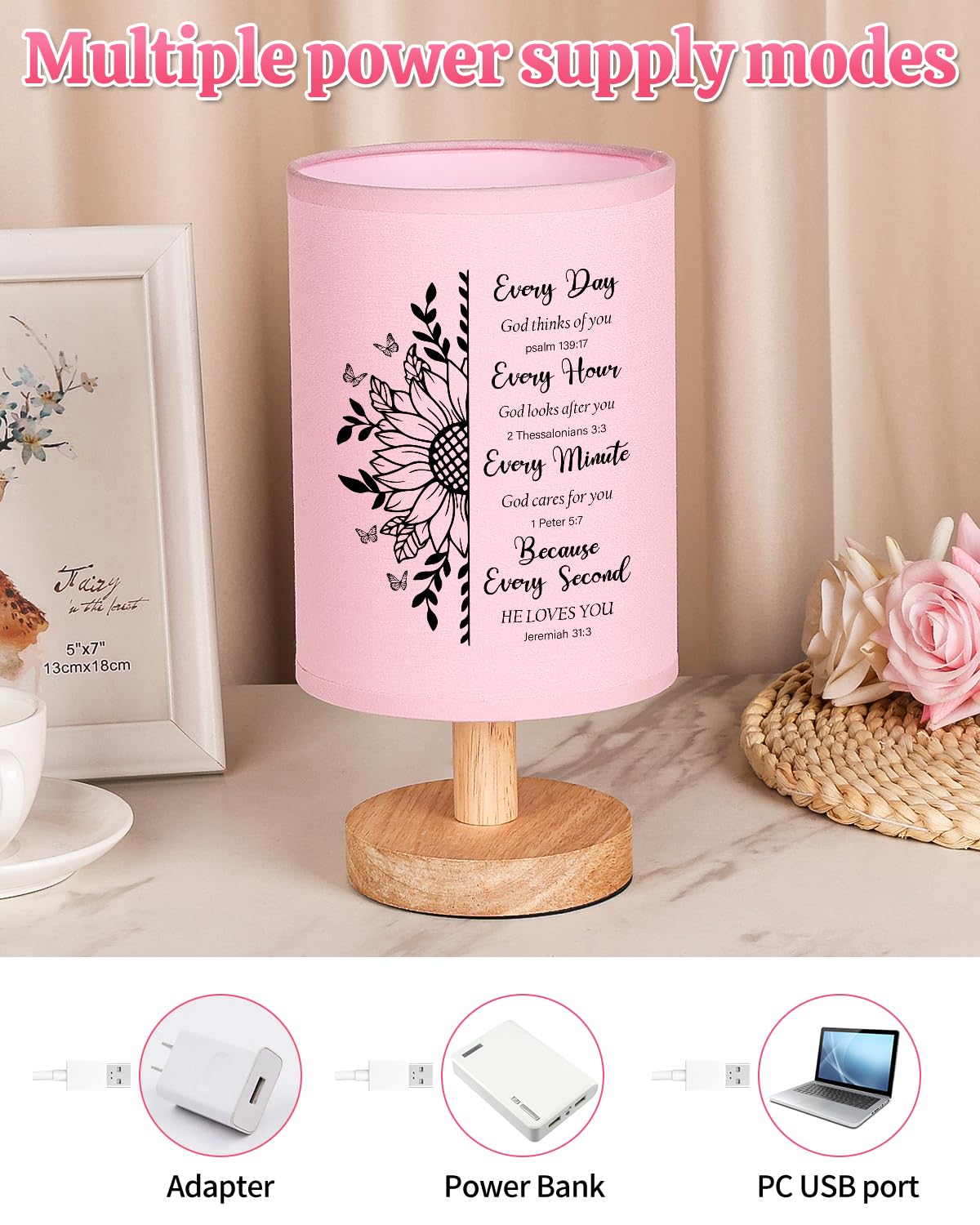 Calibron Christian For Women Table Lamp, Religious For Women With Bible Verse Prayer Inspirational Fabric Lamp Spiritual For Friend (Pink)