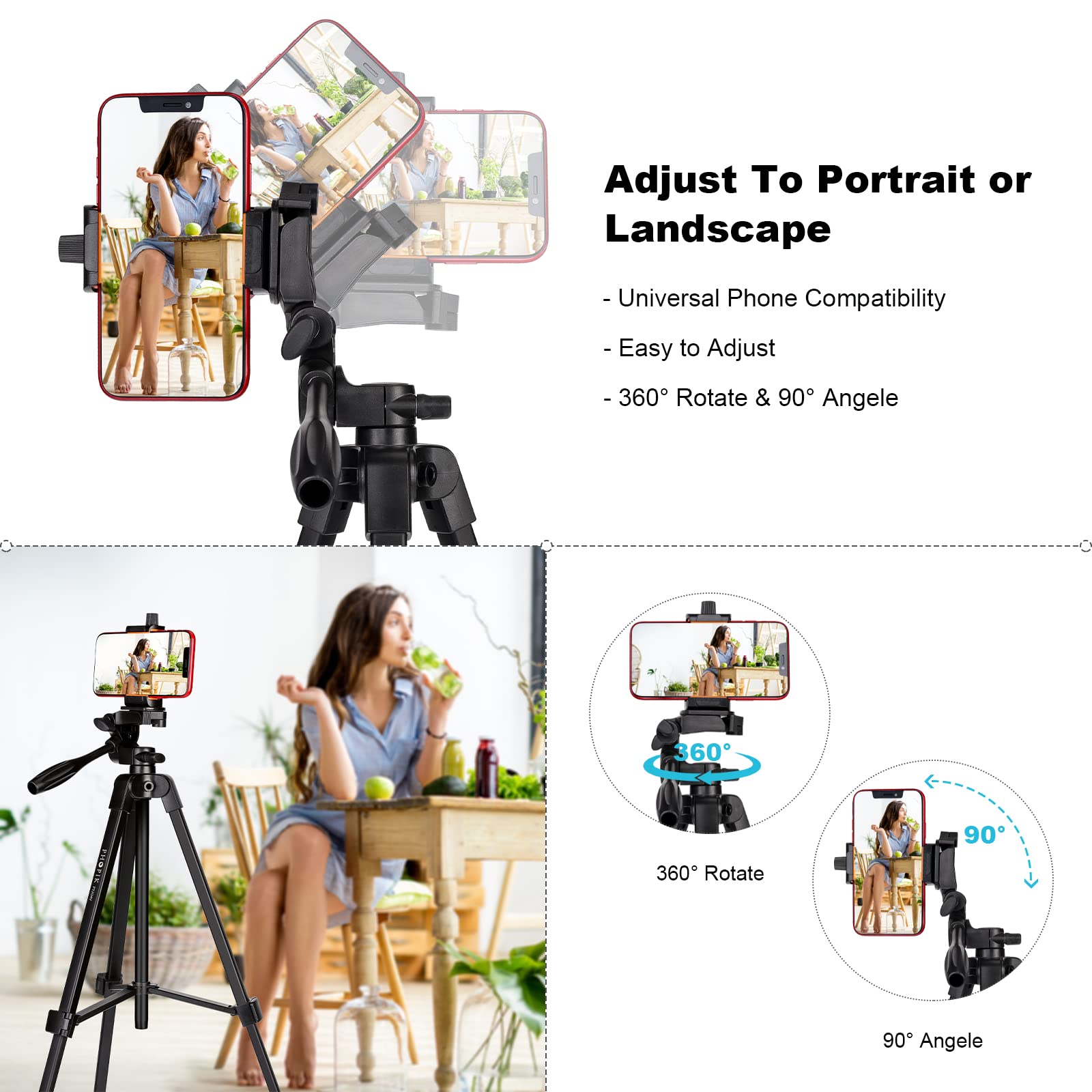 Phopik 55" Phone Tripod, Aluminum Extendable Tripod Stand With Shutter, Carrying Bag, Compatible With Iphone/Android/Sport Camera&Insta 360 X5 Perfect For Video Recording/Selfies/Live Stream/Vlogging