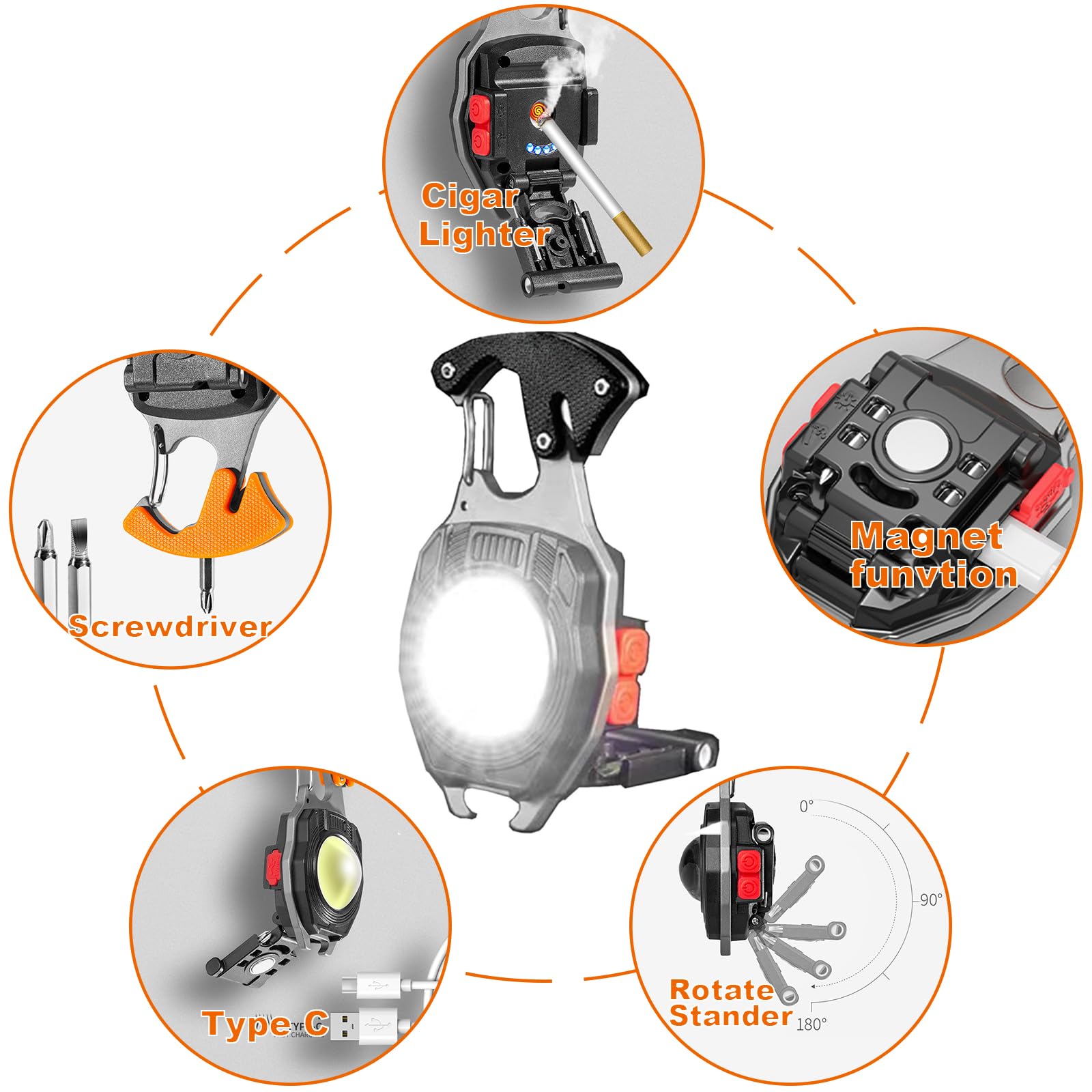 Goioj 2Pcs 6 In 1 Cob Keychain Mini Work Light Flashlight Multifunction Portable Pocket 500 Lumens Flashlight With Electric Lighter, Seat Belt Cutter, Screwdriver, Whistle (Orange)
