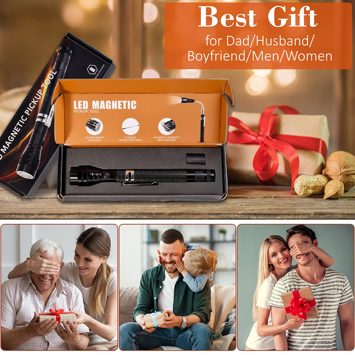 Kuchey Magnetic Flashlight  For Men Fathers Day Dad  For Dad Wife Daughter Son Stocking Stuffers For Men Adults Pickup Tool For Him Husband Cool Telescoping Gadgets With Led