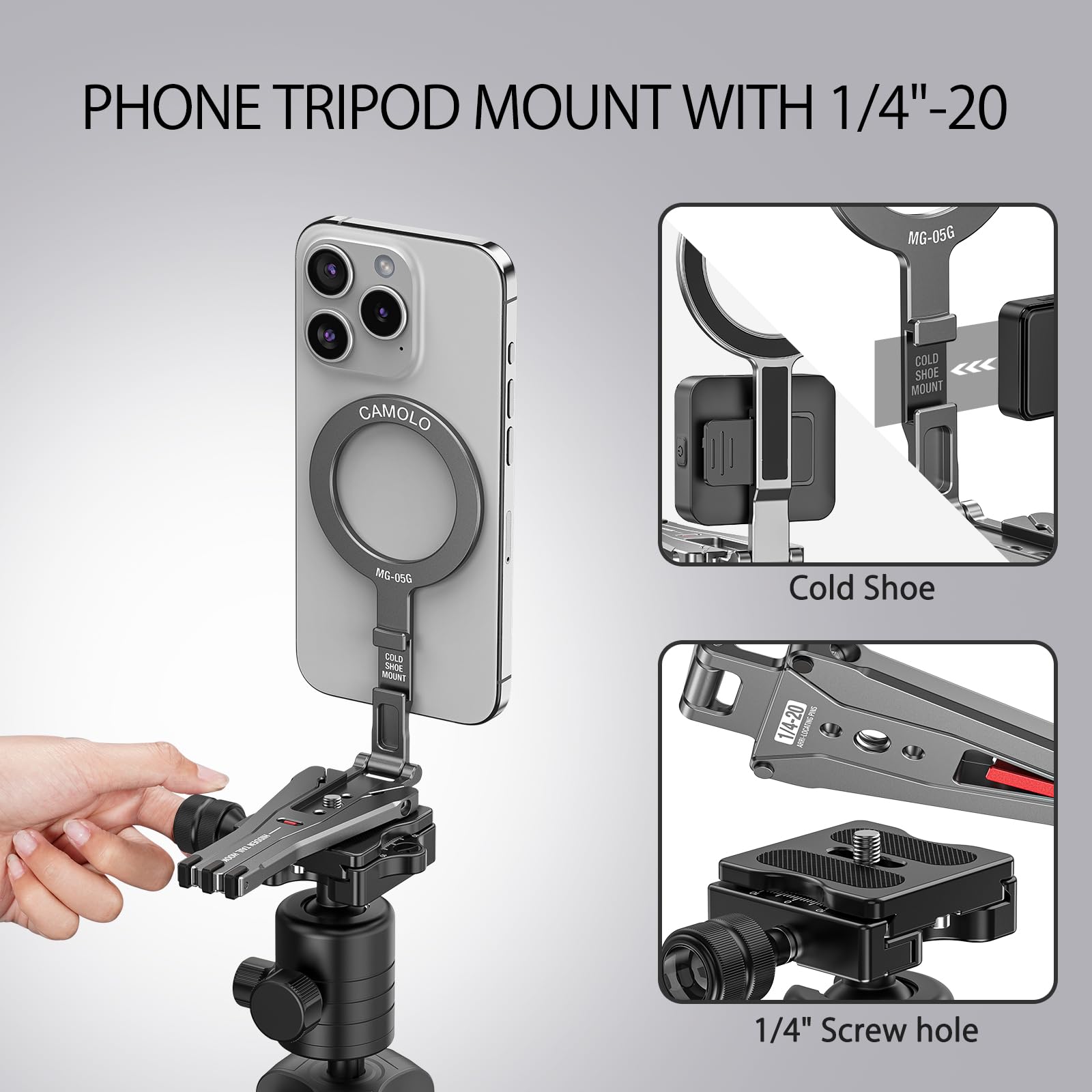 Camolo Geek Magnetic Pocket Phone Tripod Foldable With Hook, Mg-05G Phone Holder Compatiable With Magsafe For Iphone 16 15 14 13 12 Pro Max Plus Series, 1/4" Screw Tripod Mount, Lightweight Cellphone Stand Travel