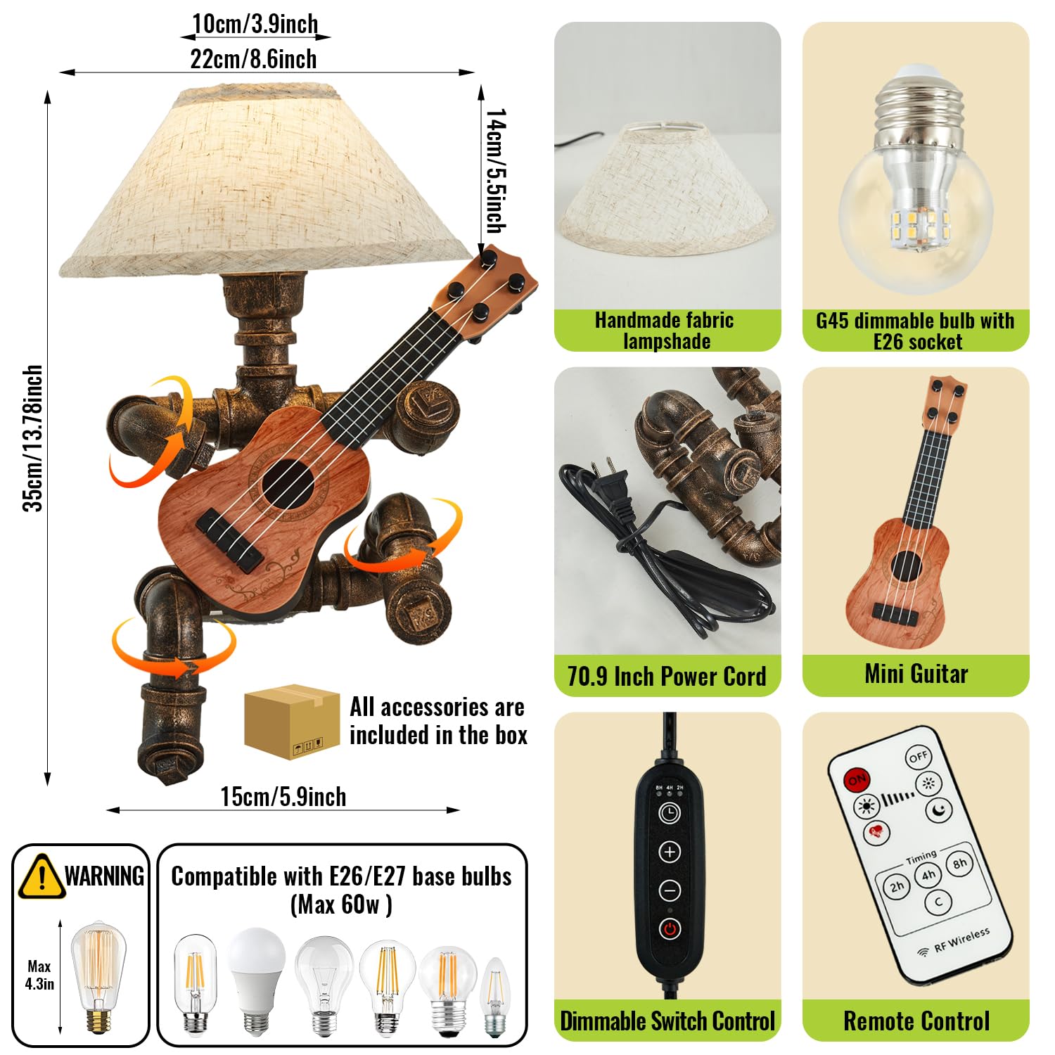 Lovefindahome Vintage Industrial Robot Guitar Table Lamp With Bulb - Remote Control,Timer,Dimmable - Cool For Music Lovers,Men,& Musicians - Steampunk & Retro Style Bronze