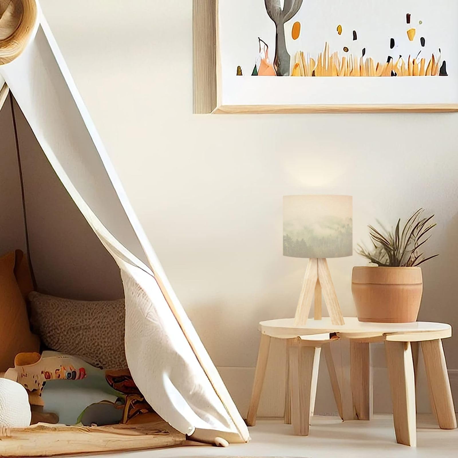 Dqwijakx91 Tripod Table Lamp Clouds Mountain Forest Mountain Landscape Scenery Nature Tree Cloud Modern Bedside Dimmable Desk Lamp Wooden Base Fabric Lampshade For Kids Room, Nursery, Bedroom, Living Room