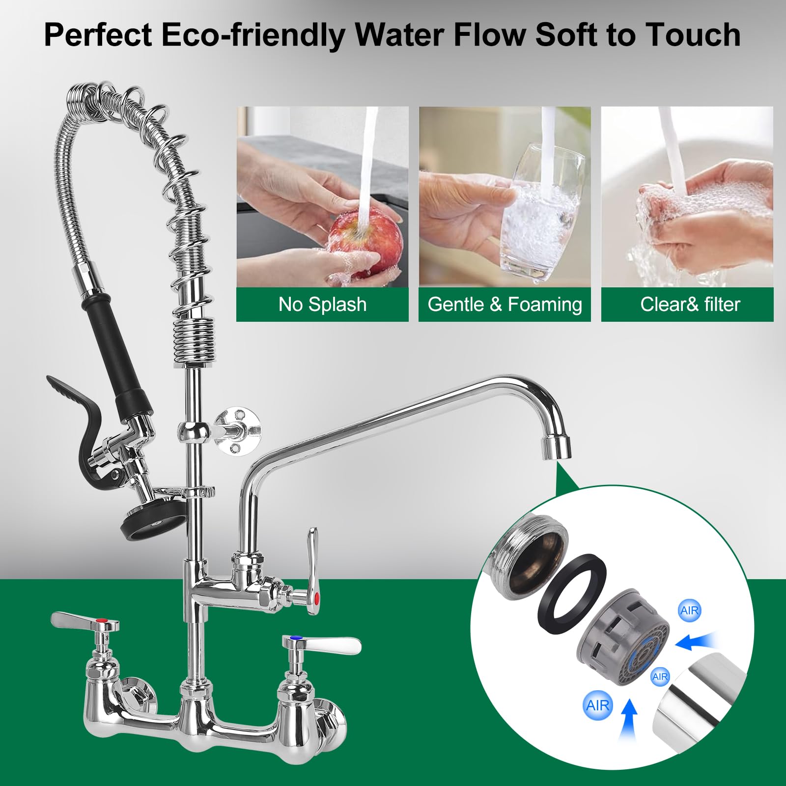 Kwode Commercial Kitchen Faucet Wall Mount With Pre Rinse Sprayer, 25” Height 8” Adjustable Center Wall Mount Restaurant Sink Faucet With 12” Swivel Add-On Spout And Pull Down Sprayer