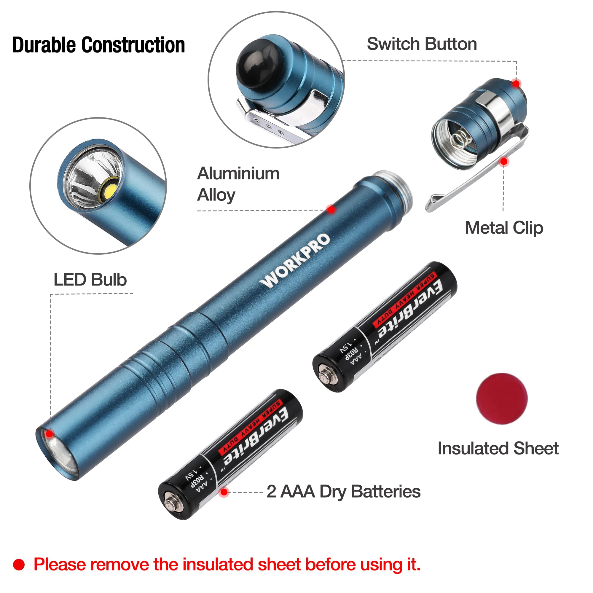 Workpro Led Pen Light, Aluminum Pen Flashlights, Pocket Flashlight With Clip For Inspection, Emergency, Everyday, 2Aaa Batteries Included, Blue (4-Pack)
