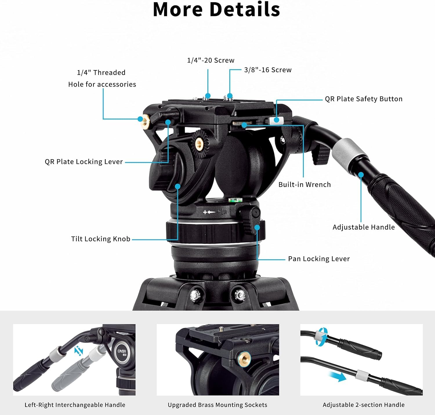 Cayer Bf310 Heavy Duty Video Tripod With Fluid Head, 74 Inch Working Height, Aluminum Tripod Head With Adjustable Pan Drag Control, 2-Section Pan Handle, Max Load 22 Lbs For Dslr, Camcorder, Cameras