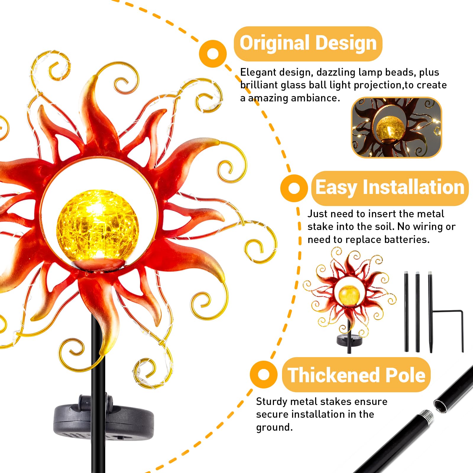 Kacux Solar Lights Outdoor Waterproof Red Sun Metal Crackle Glass Stake Decorative For Outside,Yard,Lawn,Patio,Walkway Mothers'Day  Mom Grandma Garden Lover