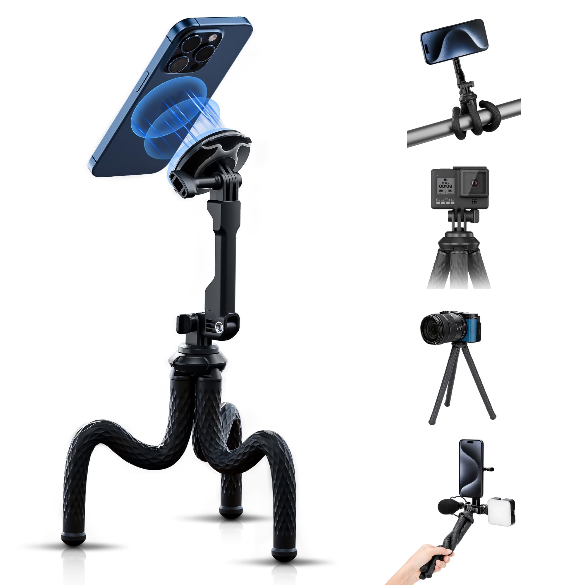 Kiorafoto Extended Magnetic Flexible Tripod For Iphone, Height & Angle Adjustable Bendable Octopus Tripod Cellphone Stand For Magsafe & Android & Compact Camera & Gopro Travel Selfie/Vlogging/Video Recording