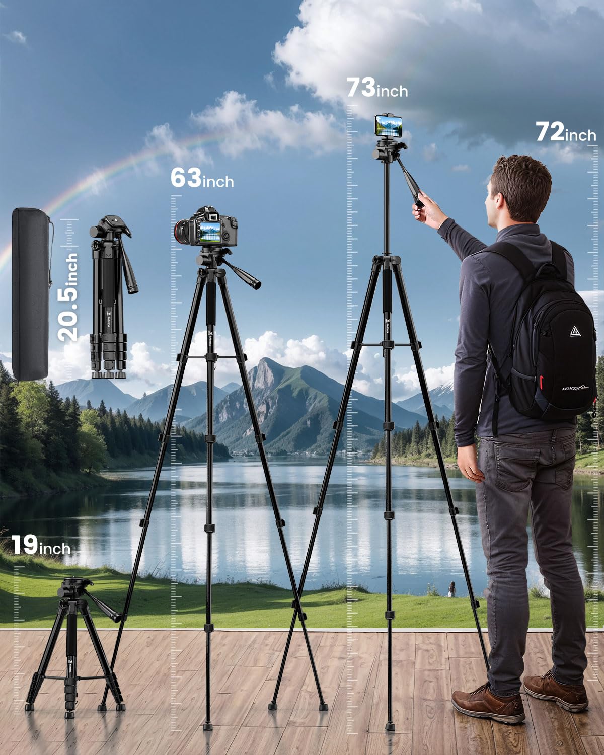 Jobfri 73" Camera Tripod Stand, Aluminum Tripod With Phone Holder, Travel Bag, Compatible With Gopro/Dslr/Cell Phone/Camcorder, Max Load 8.8Lb (Black)