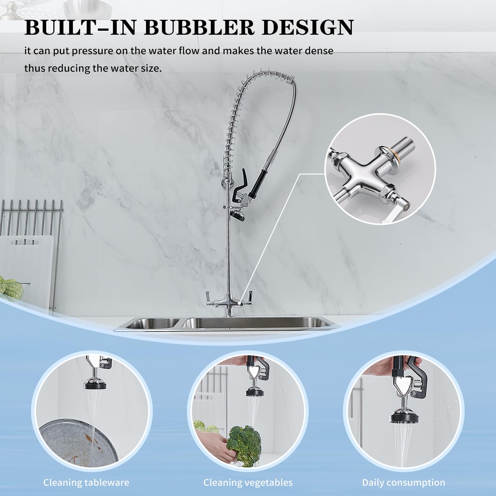 Bathfinesse Commercial Sink Faucet With Sprayer 39" Height Deck Mount Single Hole Double Handle Coiled Spring Pull Down Spray Pre Rinse Restaurant Kitchen Faucet With High Pressure Spray Valve