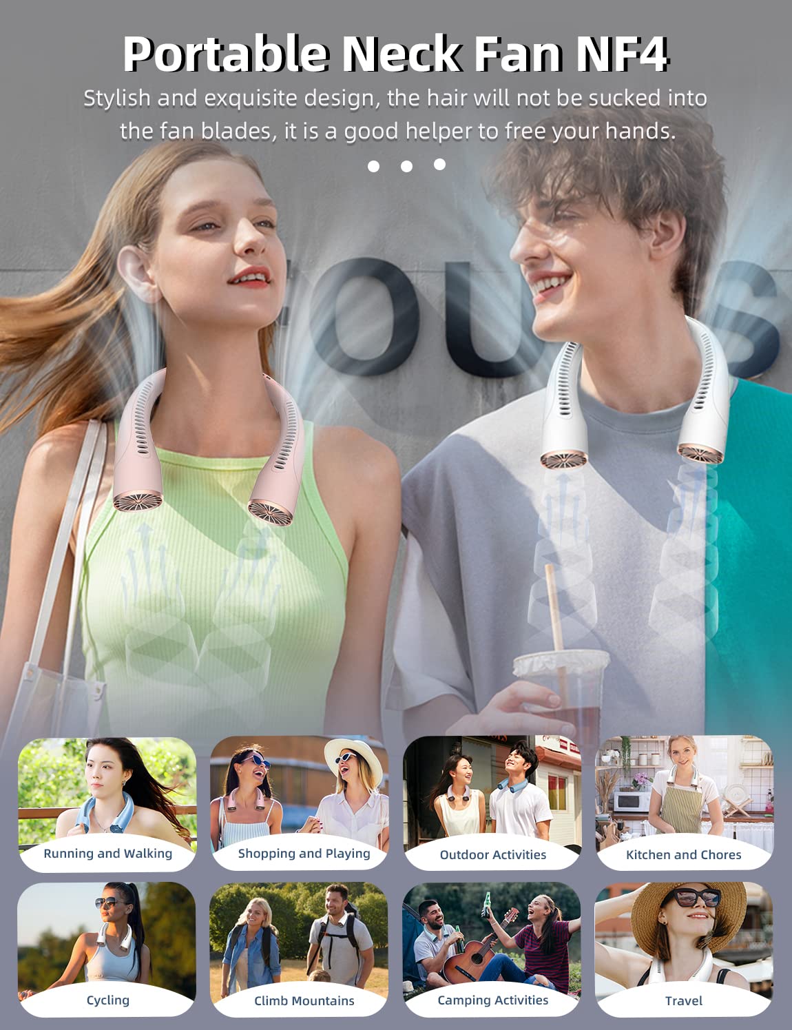 Neck Fan Nf4, Portable Neck Fan Air Conditioner With 9600Mah Battery, Usb Rechargeable, 5 Speed