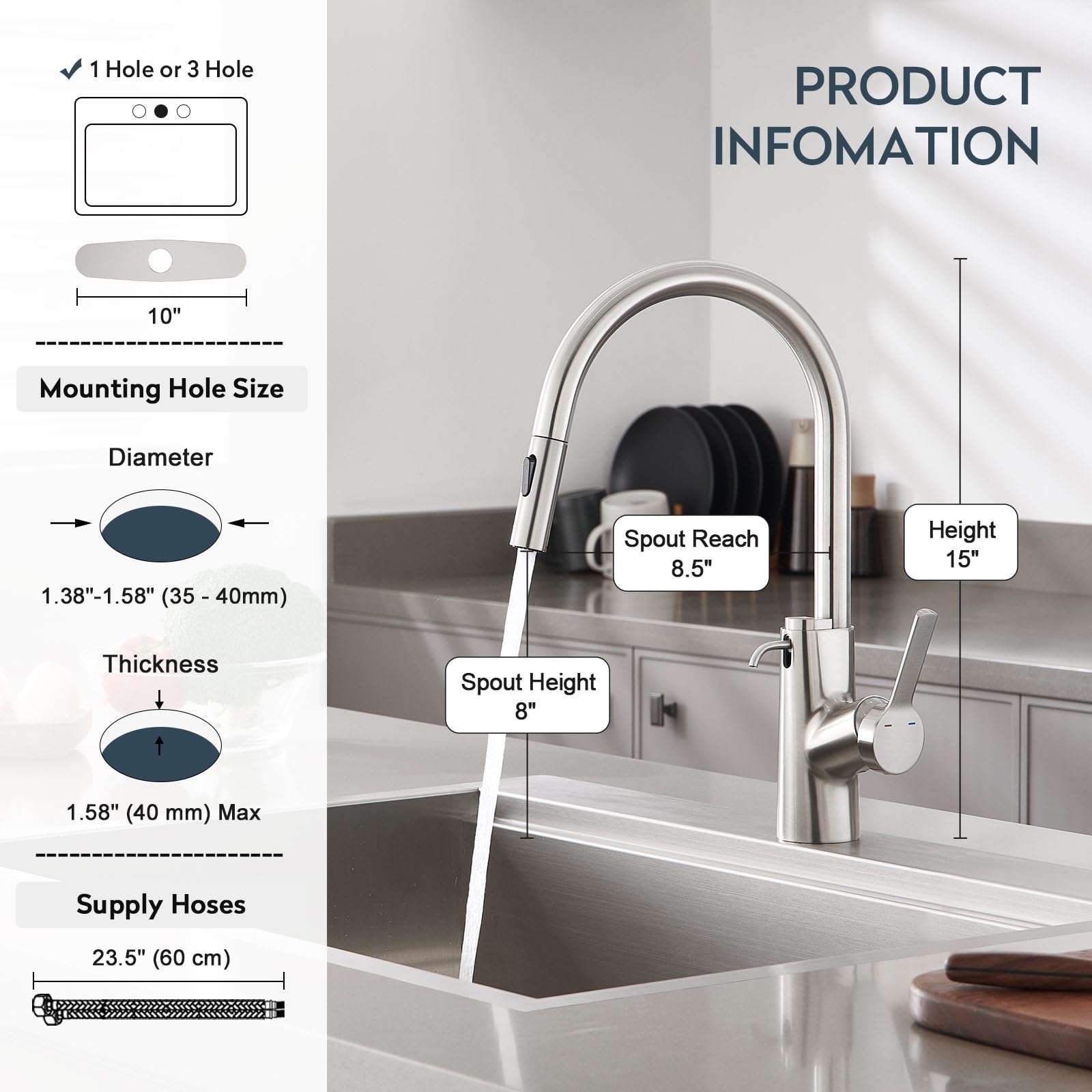 Aktines Kitchen Faucet With Built-In Soap Dispenser And Pull Down Sprayer, High Arc Stainless Steel Faucet For Kitchen, Wet Bar, Laundry, Outdoor, Or Rv Sinks, Brushed Stainless