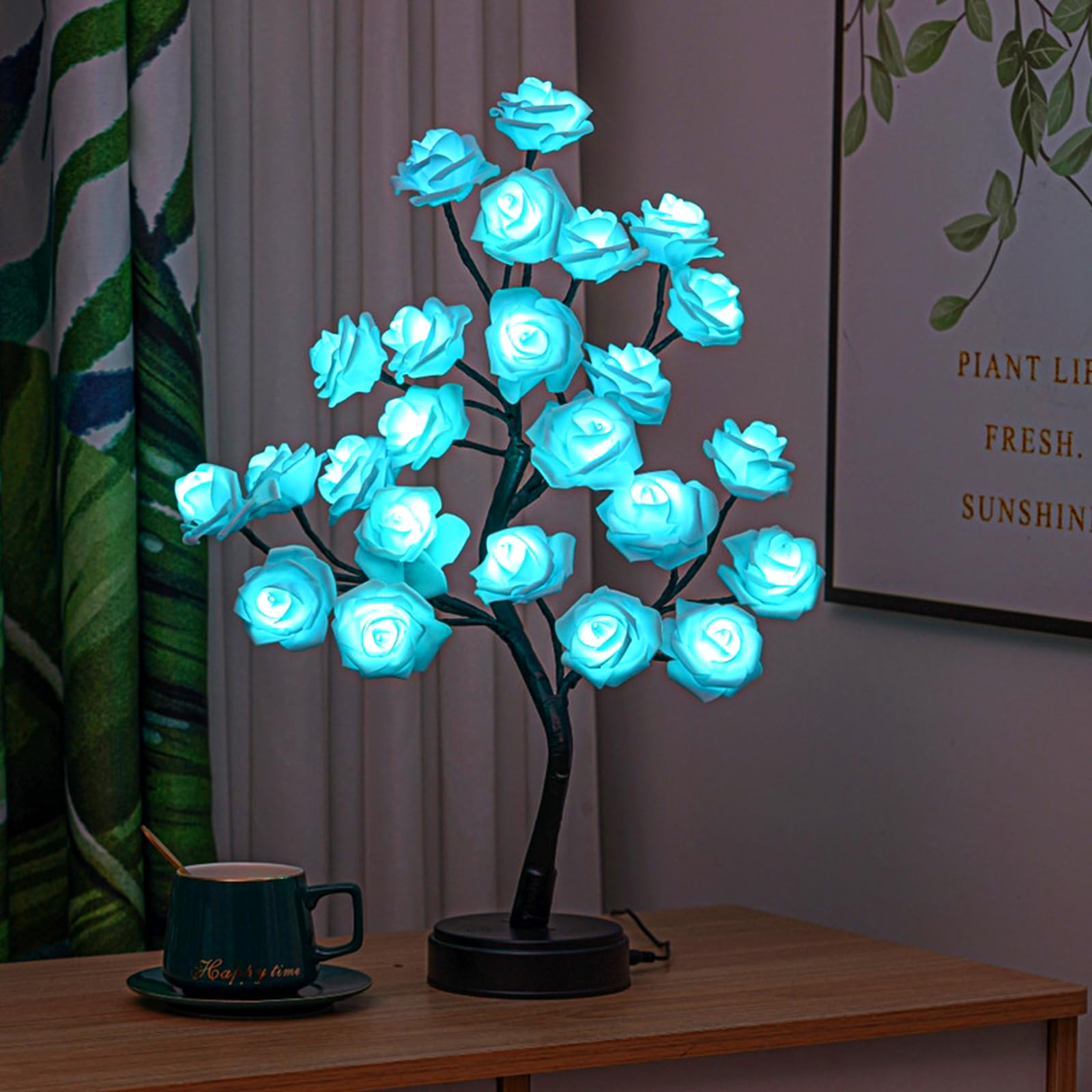 Bonlting Rose Flower Tree Lamp, Led Rose Bedside Table Lamp Battery Powered Or Usb Adapter, Nightstand Lamp For Living Room, Bedroom, Office For Mother’S Day Anniversary Birthday (Blue)
