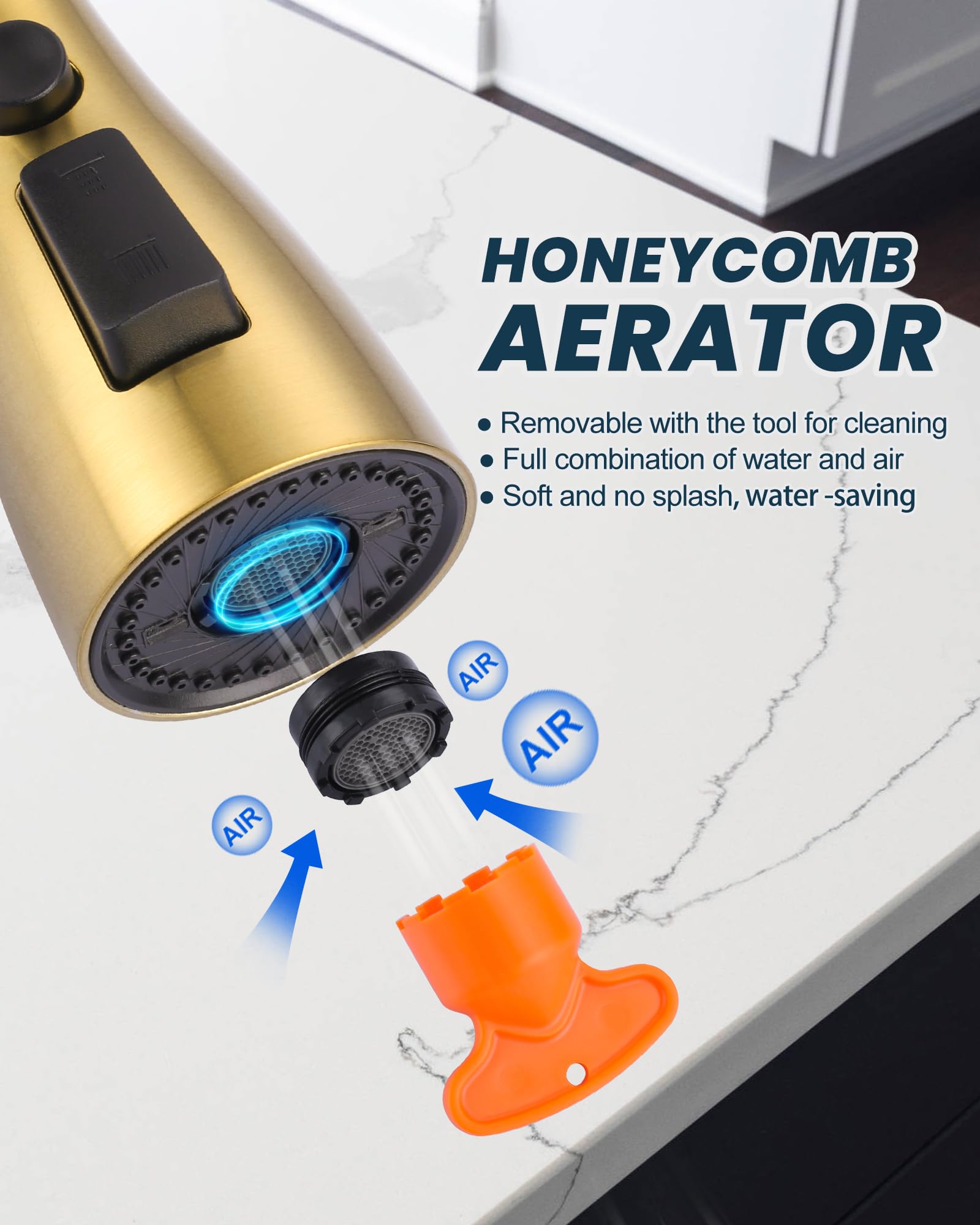 Arcora Kitchen Faucet Spray Head Brushed Gold, 3-Function Kitchen Sink Spray Nozzle With 9 Adapters, Kitchen Faucet Head Replacement Compatible With Moen, Delta, American Standard Faucets