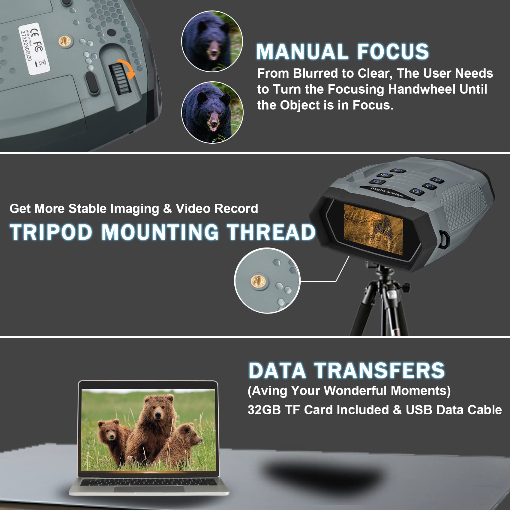 Wheyda Night Vision Goggles, 48Mp Full-Color 4K Night Vision Binoculars, 8X Digital Zoom And 1968Ft Viewing Range, 3" Screen With 32Gb Tf Card,Backlight Button For Camping Hunting
