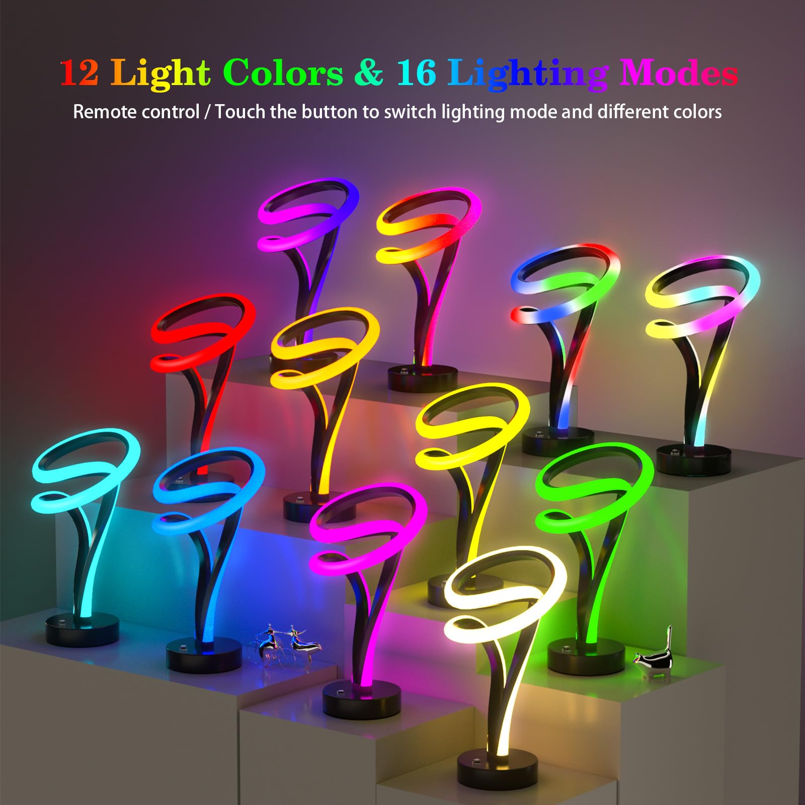Putwish Spiral Rgb Table Lamp For Nightstand, 12 Colors Changing Lamp With Remote & Touch Control, Small Modern Led Lamp Memory Function For Bedroom, Living Room