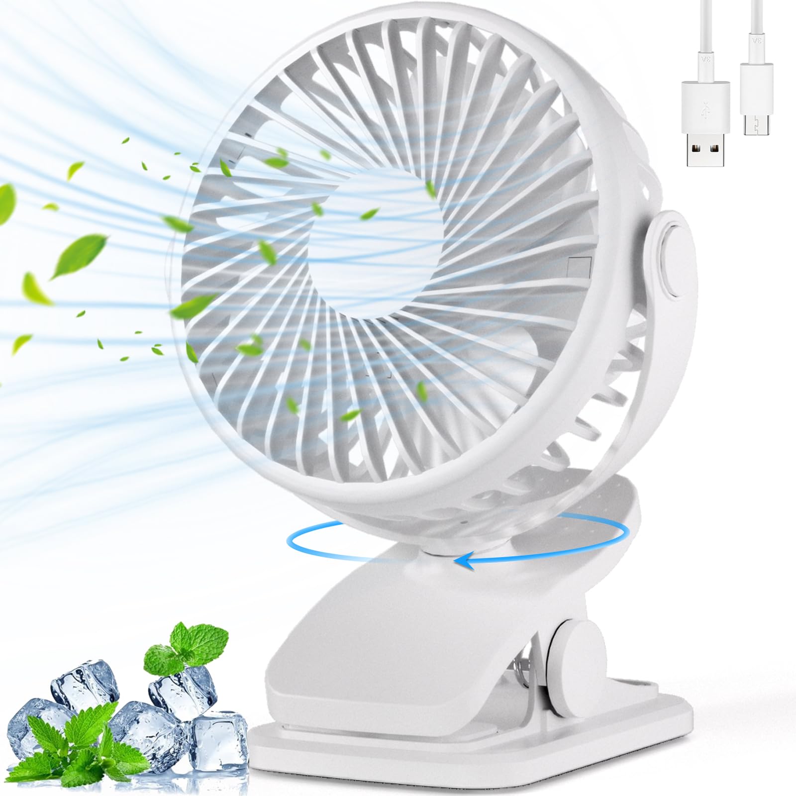 Portable Clip On Fan, 360° Rotate Battery Operated Stroller Fan, 3 Speed Quiet Mini Personal Desk - Koospark