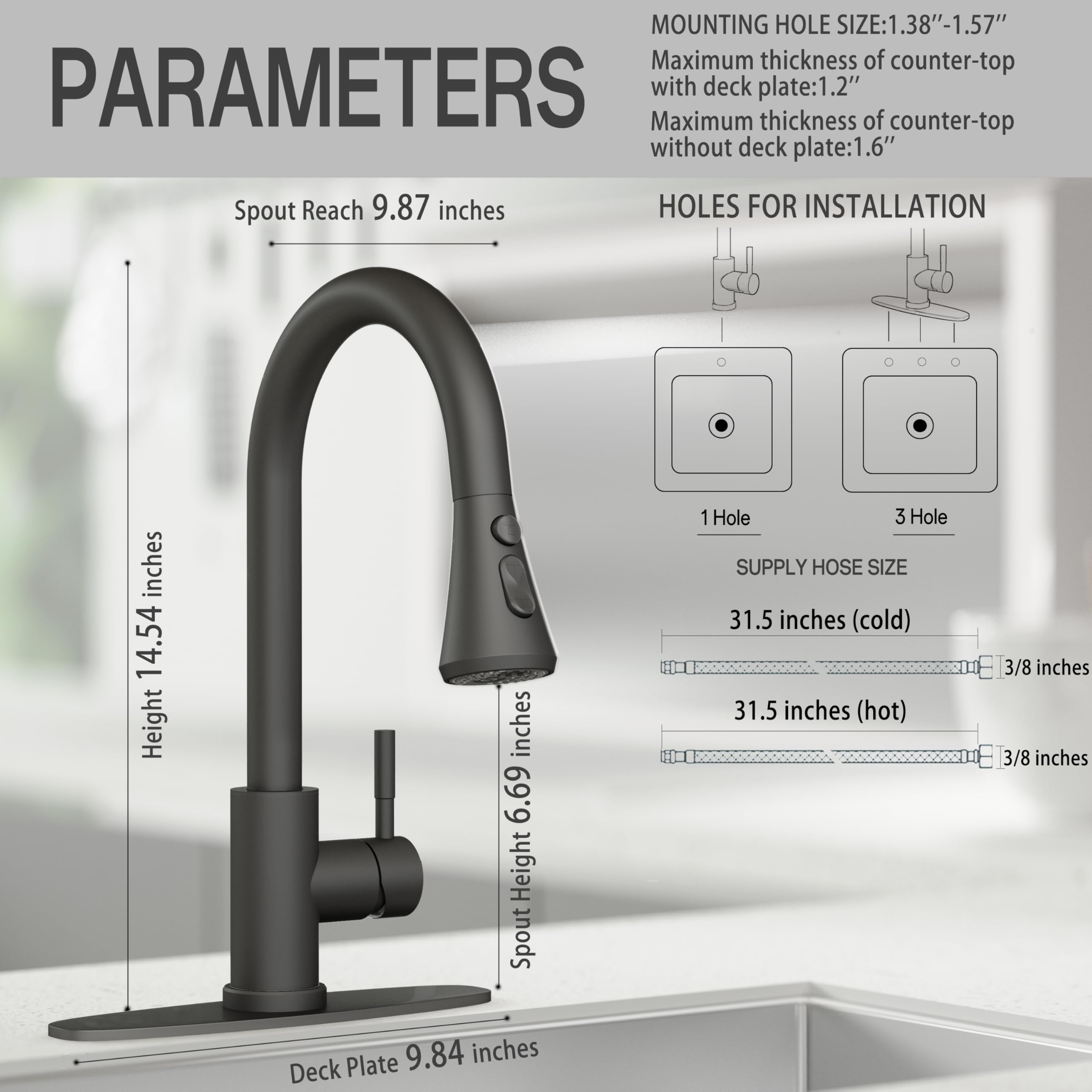 Vxv Kitchen Faucets, Matte Black Kitchen Faucet With Pull-Down Sprayer, Stainless Steel Sink Faucet For Farmhouse, Rv, And Bar, Pull Out Kitchen Faucet With Deck Plate And 1/2'' Adapters