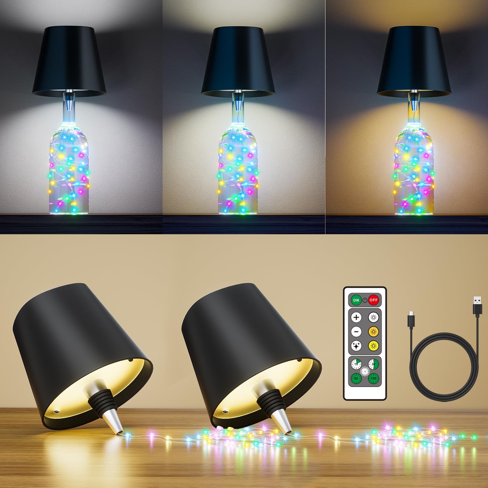 Homebest Wireless Bottle Lamp,Wine Bottle Lights With Remote,2000Mah Touch Table Lamp Shades With Rgb String Lights And Timer,5-Level Brightness &3 Color Temps Battery Operated Lamp For Living Room,Bar(2 Pack)