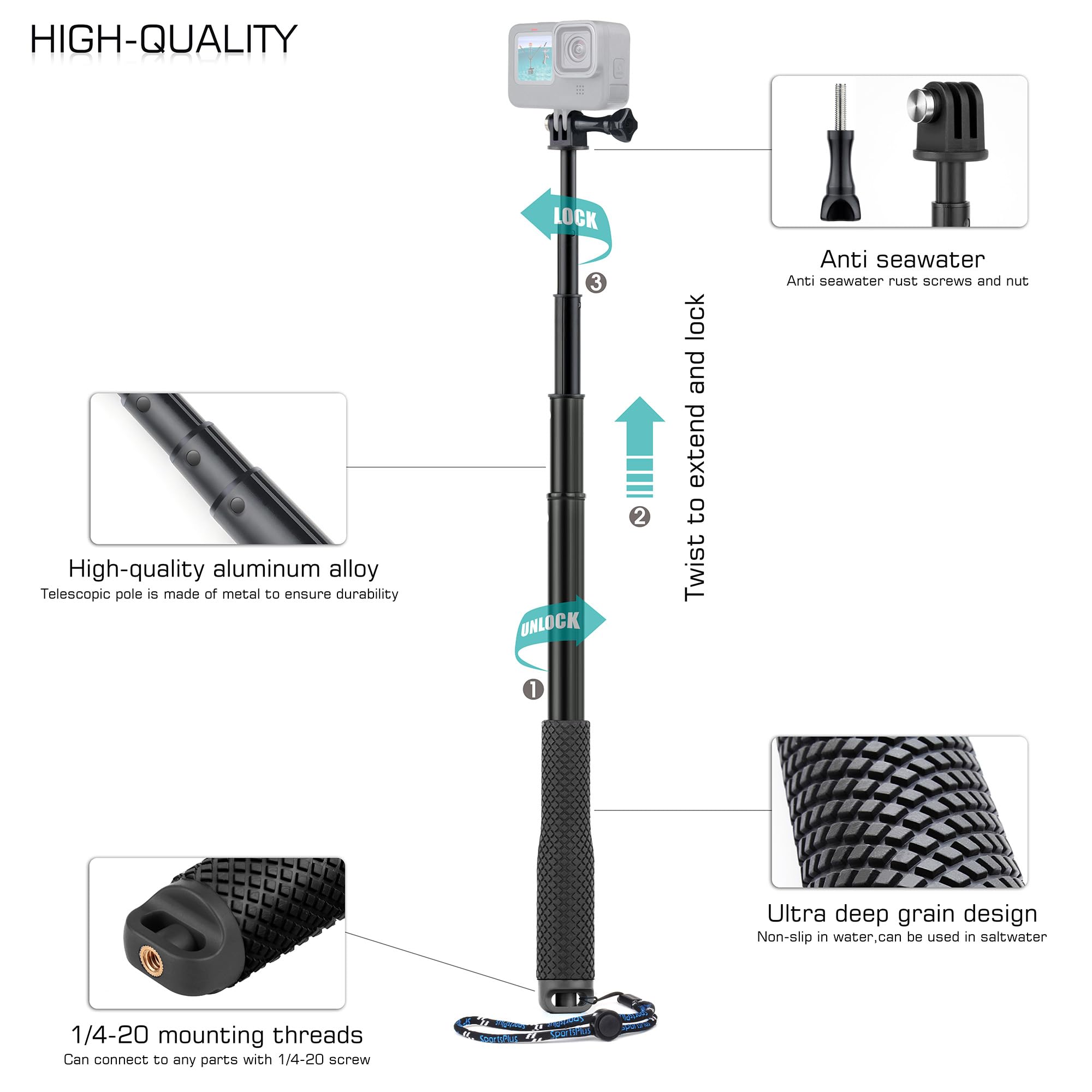 Gepuly Waterproof Selfie Stick Pole Hand Grip Adjustable Underwater Monopod For Gopro Hero 13 12 11 10 9 8 7 6 5 Akaso Dji Osmo 5 Pro Action Camera Black