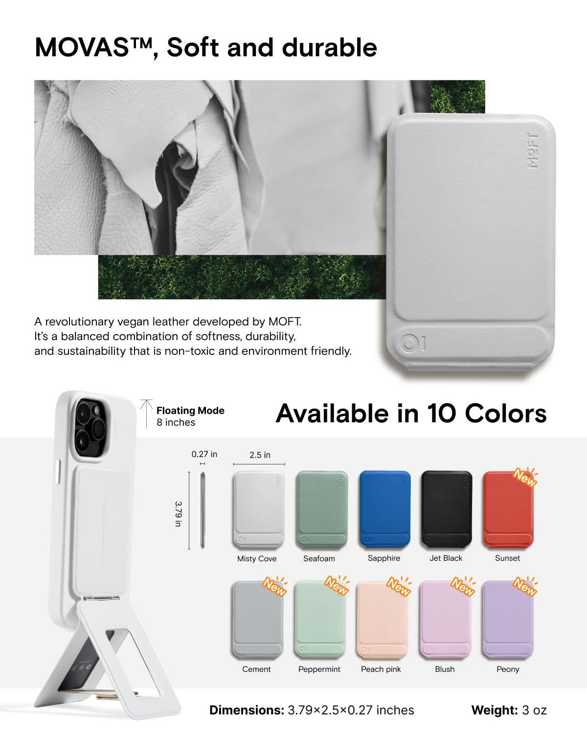 Moft Phone Tripod Stand Compatible With Iphone 16/15/14/13/12 Series, Angle Adjustment & Strong Magnets Movas Vegan Leather Invisible Selfie Stick Tripod, Misty Cove (Without Card Slot)
