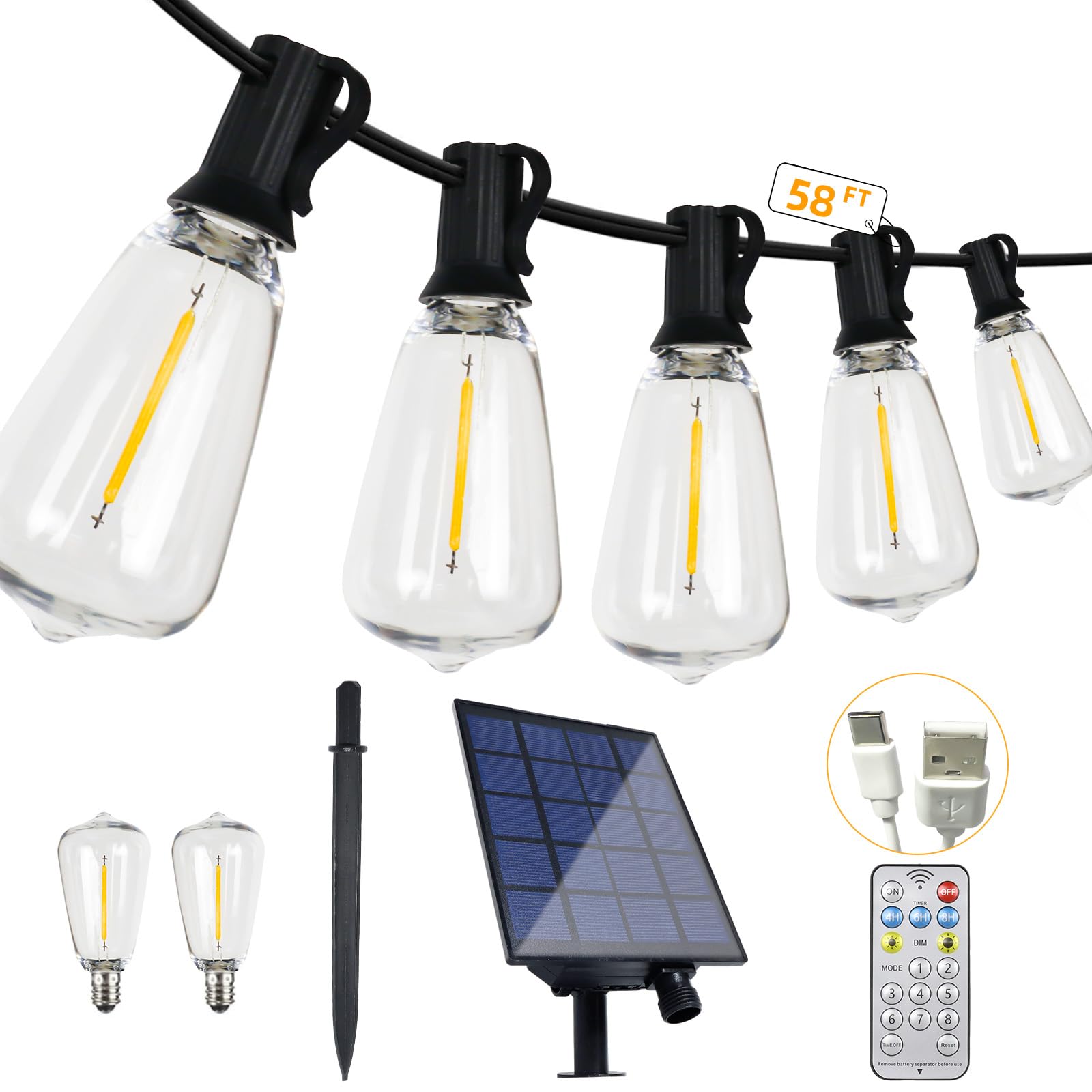 Shineu 58Ft Solar String Lights Waterproof With Remote, St38 Led Dimmable Globe Outdoor Lights For Patio With 27 Edison Vintage Shatterproof Bulbs, Connectable Backyard Lights For Bistro, Porch